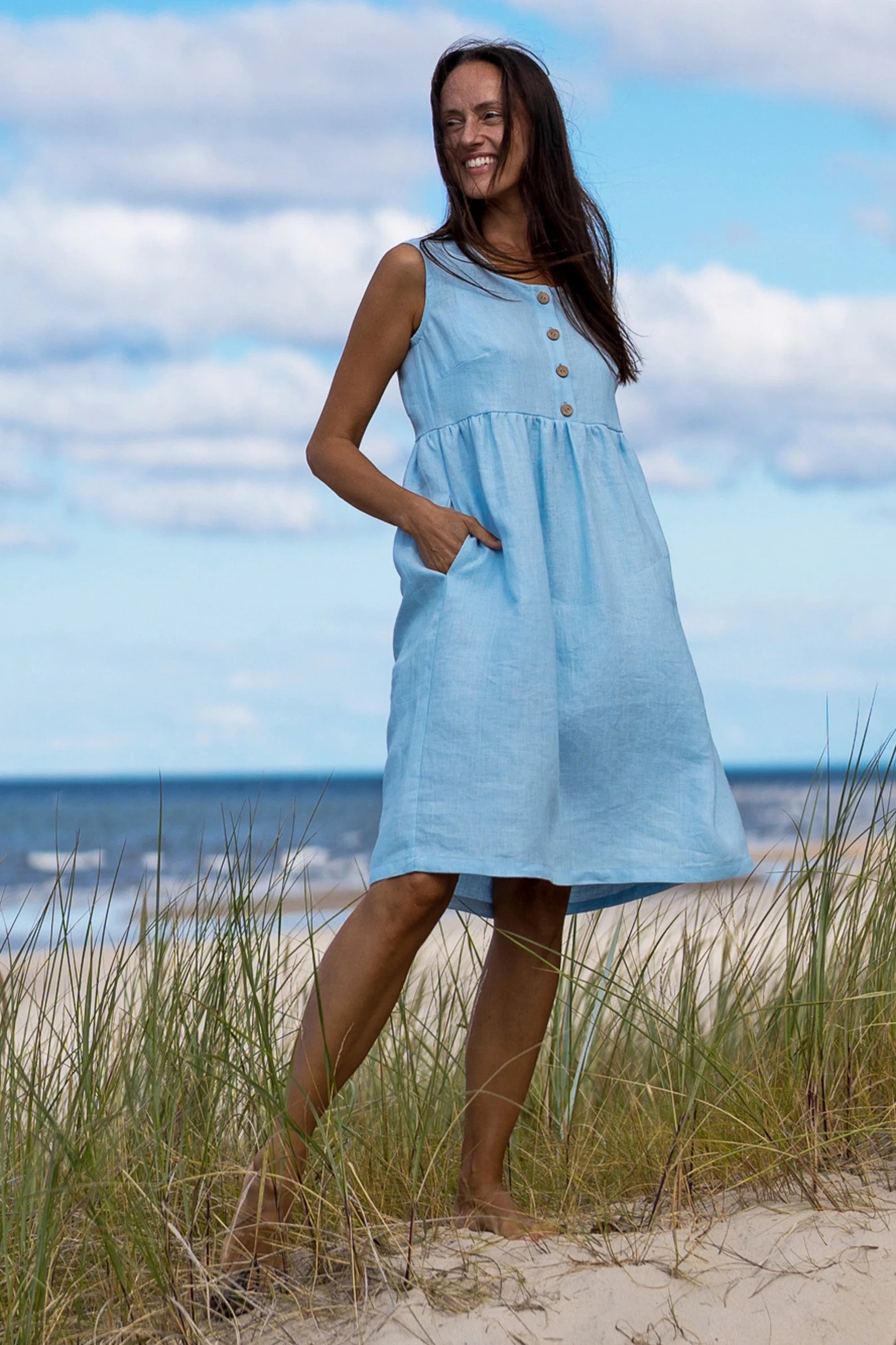 BARBARA Sleeveless Linen Maternity Dress - Sky Blue | Comfortable Summer Pregnancy Outfit for Beach, Brunch & Baby Shower