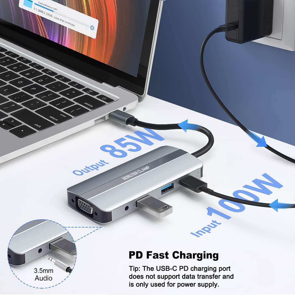 8-in-1 USB C Hub with HDMI, VGA, PD, Card Reader - for MacBook, XPS & More