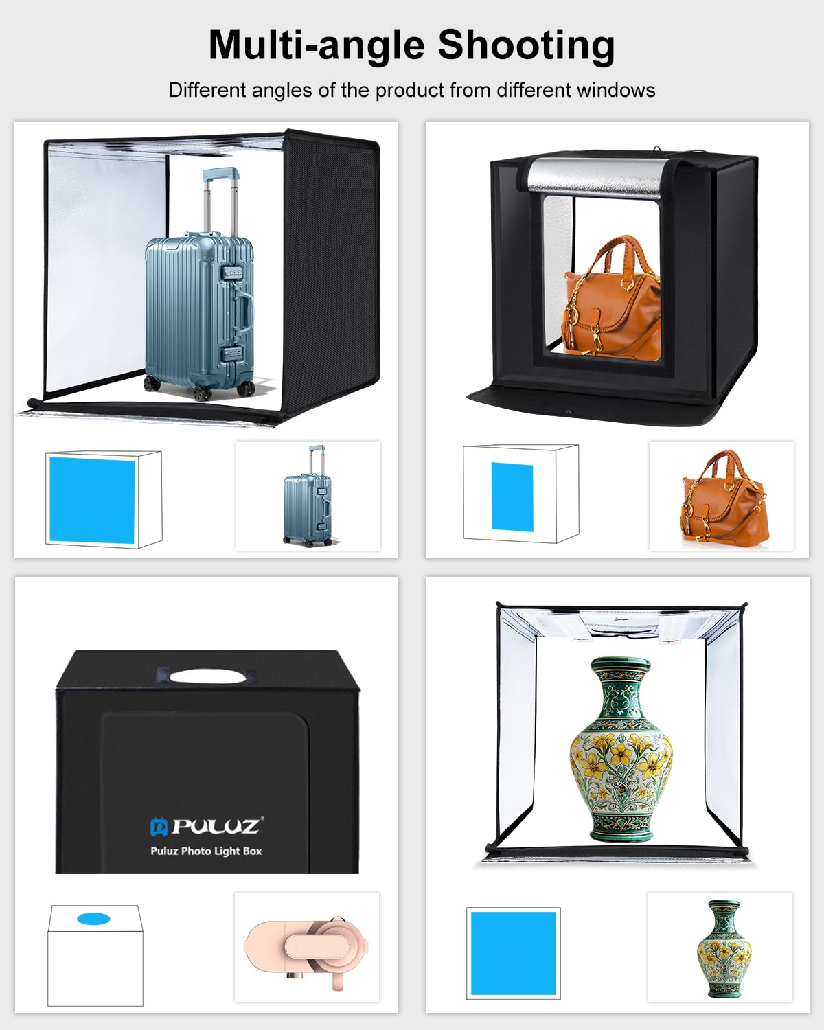 PULUZ 24x24 Inch Professional Photography Light Box Studio Kit - Portable Large LED Lightbox with 6 Color Backdrops, Dimmable 120 LED Beads, 5500K Daylight Lighting (US Plug) - Perfect for Product Photography, Ecommerce, Jewelry, and Small Item Shooting