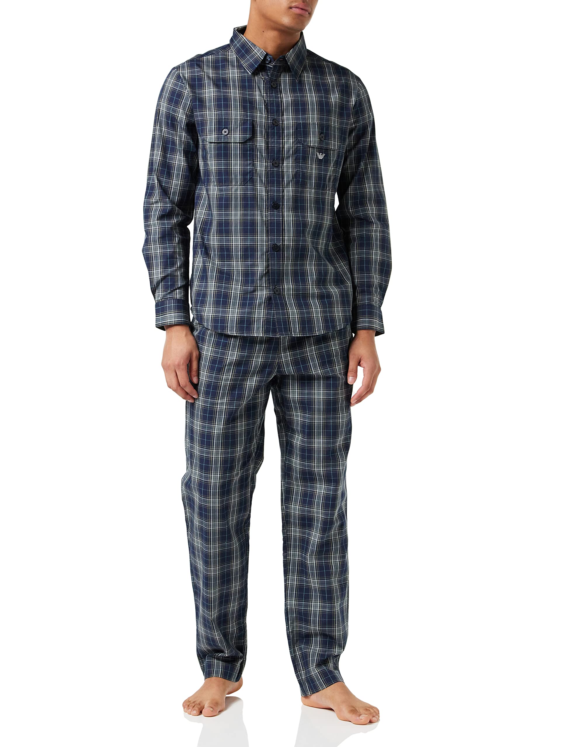 Emporio Armani Men's Yarn-Dyed Woven Button-Down Shirt & Pants Pajama Set - Premium Cotton Sleepwear for Relaxation & Lounging at Home