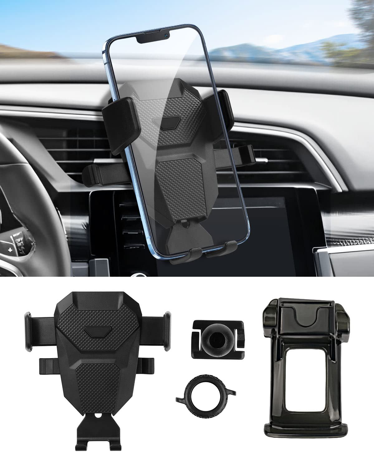 FIILINES Universal Car Phone Holder Mount - 360° Rotatable Dashboard & Air Vent Cell Phone Stand for iPhone, Samsung, Smartphones - Compatible with 2016-2021 Honda Civic Sedan & Hatchback (Black) | Perfect for GPS Navigation, Hands-Free Calling & Safe Driving