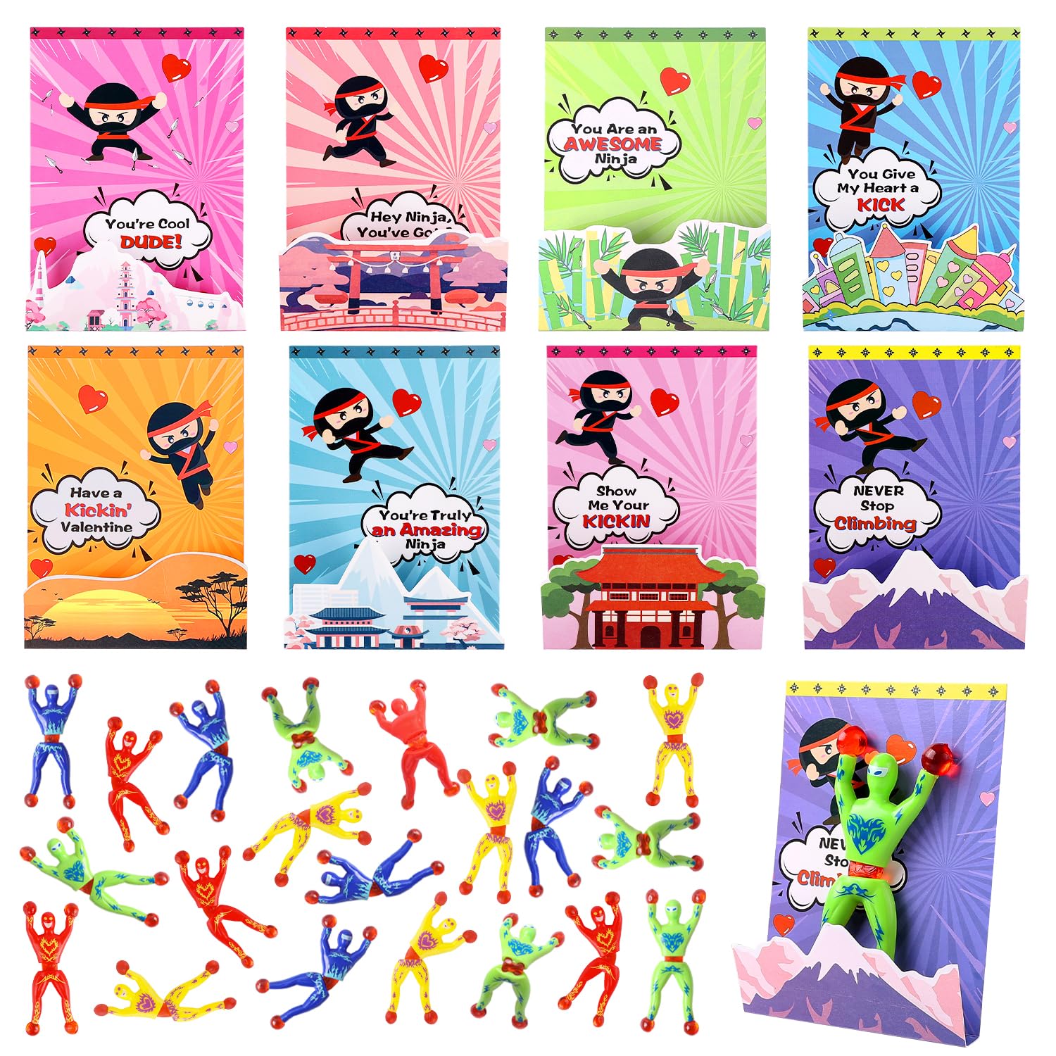 32 Pack Kids Valentine's Day Cards with Sticky Wall Climbing Ninjas - 3D Classroom Exchange Cards for Boys & Girls - School Party Supplies & Greeting Gifts for Valentine's Day Celebrations, Classroom Activities & Kids' Parties