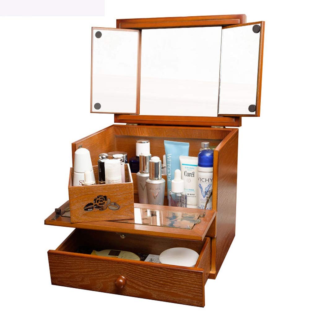 22-Slot Solid Wood Cosmetic Storage Box with Mirror - Large Capacity Makeup Organizer for Dressing Table, Skin Care & Household Accessories | Perfect for Vanity, Bathroom & Bedroom Organization