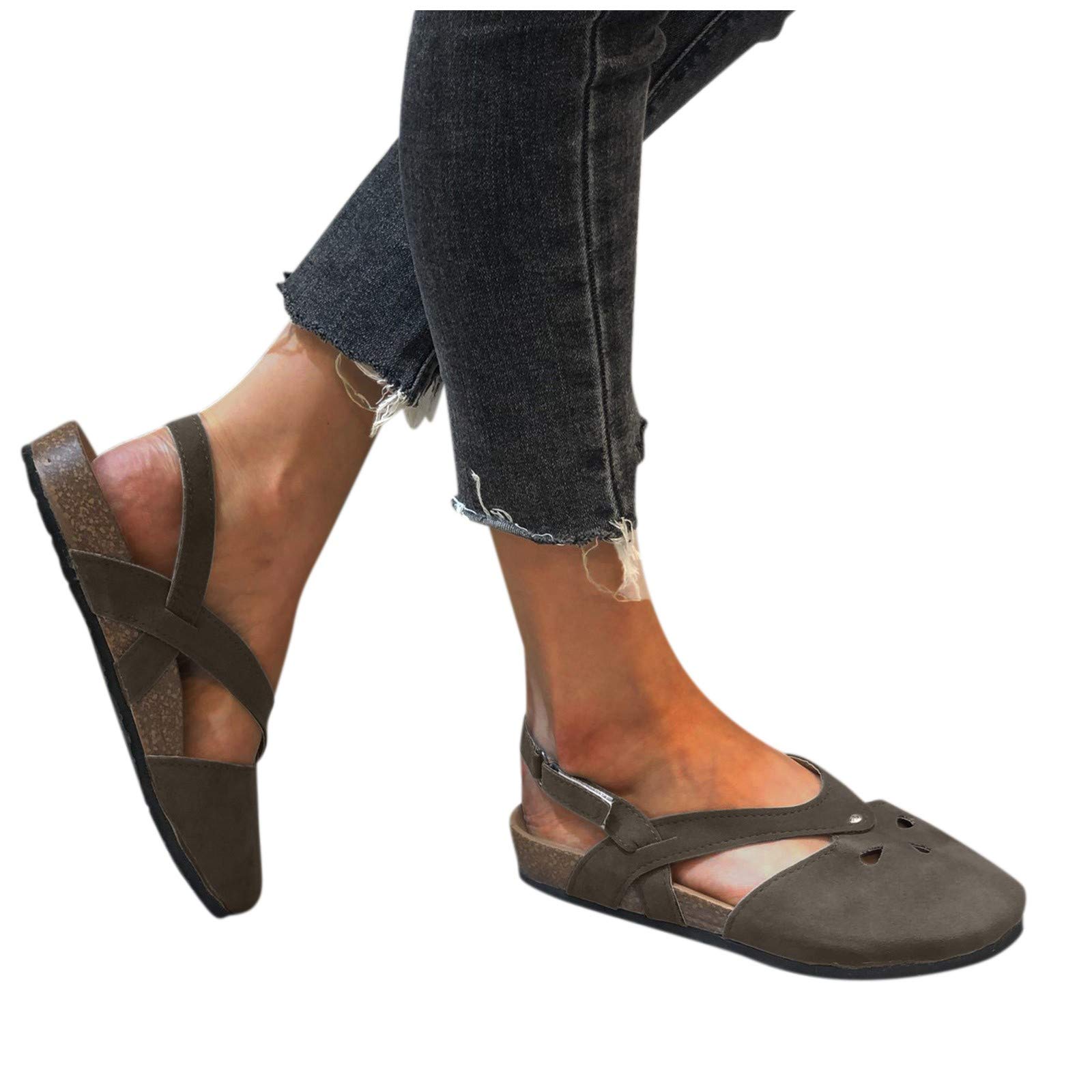 AIHOU Women's Summer Sandals - Closed Toe Strappy Flat Sandals with Cut Out Design | Comfortable Casual Slingback Shoes for Beach, Walking & Outdoor Activities