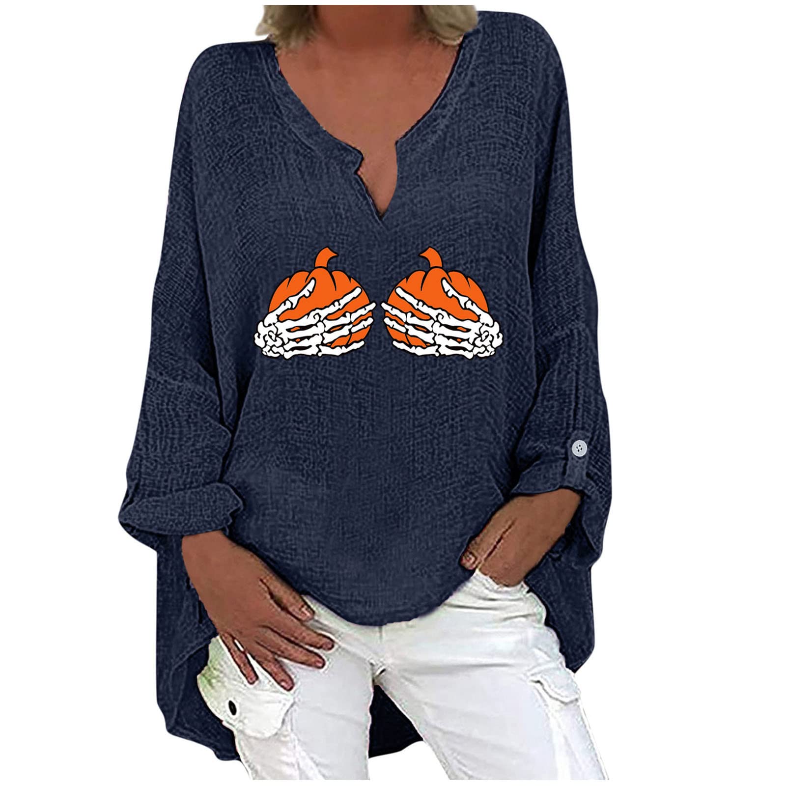 Women's Halloween Tunic Tops - Long Sleeve Casual Shirt with Pumpkin Skull Print, V-Neck Cotton Linen Tee for Fall Parties & Costume Events