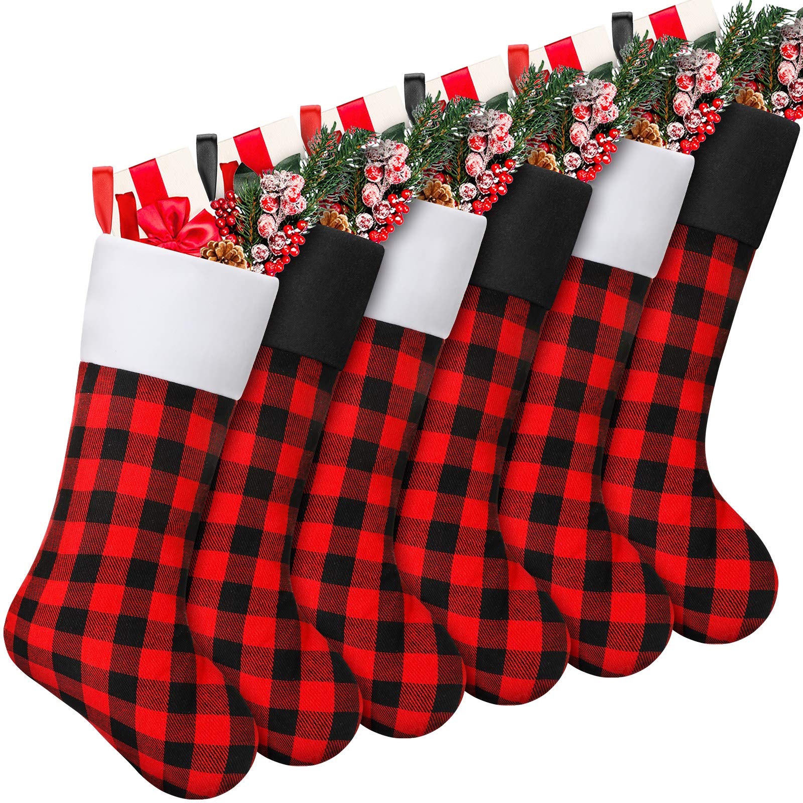 Skylety 20 Inch Christmas Stockings - Plaid Holiday Stockings with Faux Fur Cuff for Fireplace Decor - Family Xmas Party Decorations (Set of 6, Black Red with Black White Cuff) - Perfect for Christmas Tree, Mantel, and Festive Home Decor