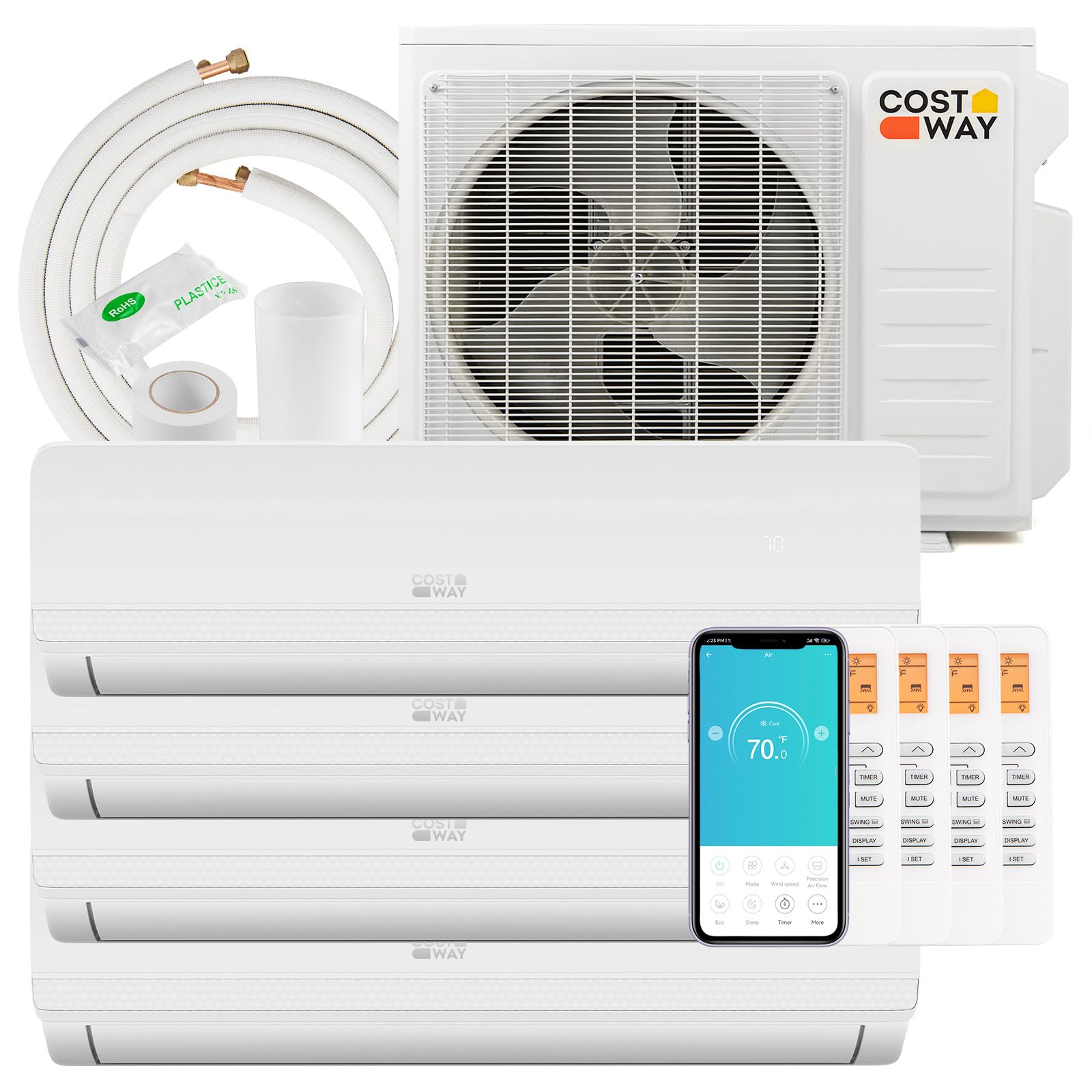 COSTWAY 36k BTU 4-Zone Mini Split Air Conditioner & Heat Pump | 19 SEER2 Ductless Inverter AC (4x12k BTU) | WiFi Enabled, Alexa Compatible | Wall Mounted for Home, Office & Garage Cooling & Heating (Thundrive Series)