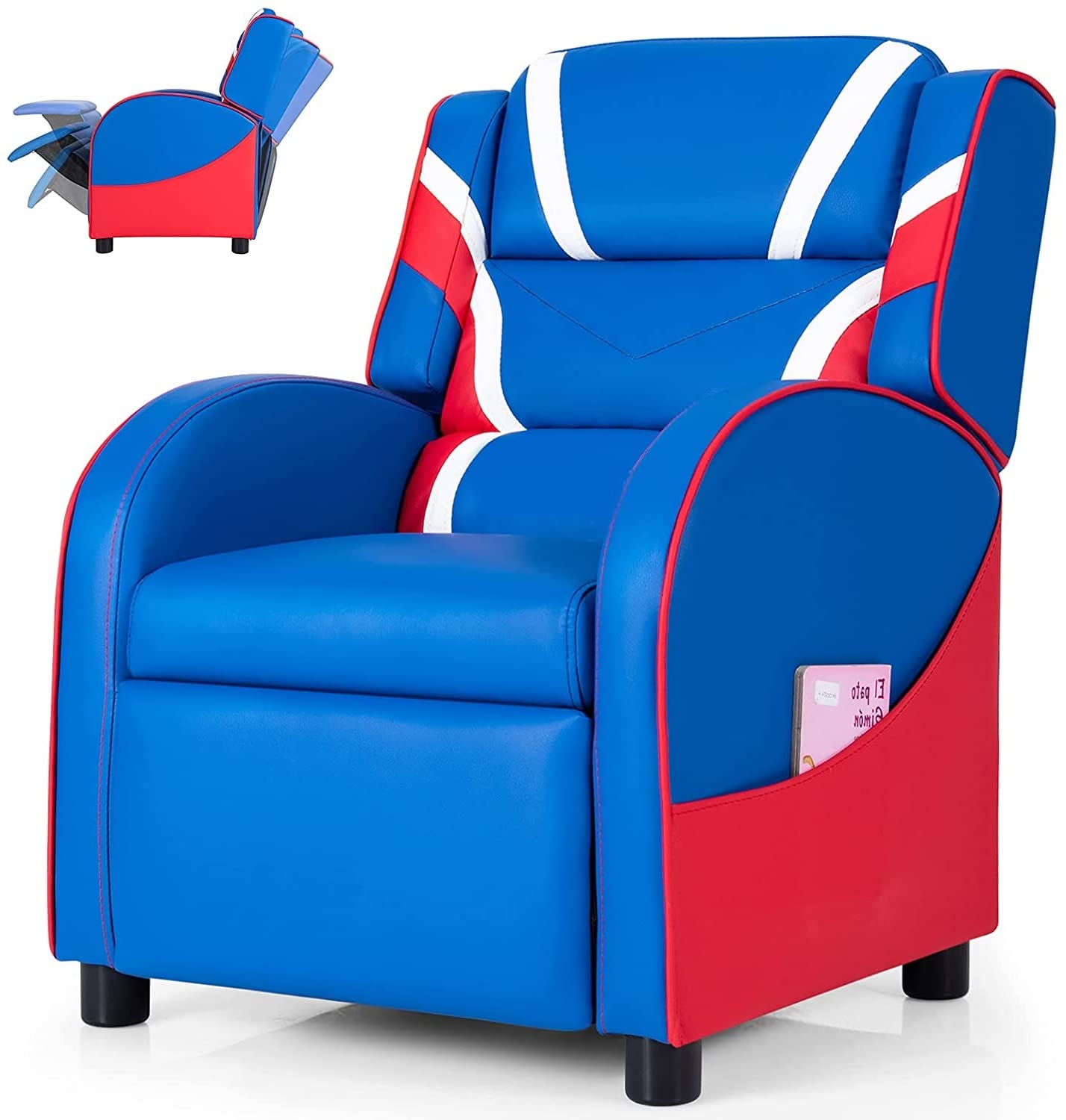 Moccha Kids Recliner Chair with Side Pockets - Adjustable Toddler Sofa with Footrest, Ergonomic Children's Furniture for Boys and Girls Room (Blue) - Perfect for Reading, Gaming, and Relaxing in Bedroom or Playroom