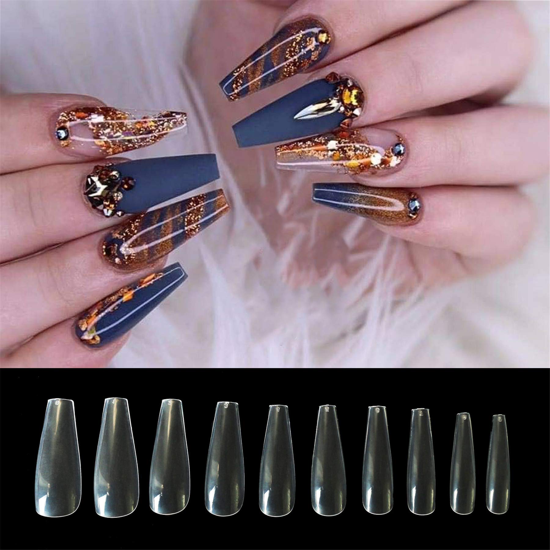 500pcs Clear Acrylic Ballerina Fake Nails - Full Coverage Coffin Artificial Nail Tips Extensions in 10 Sizes by VIVID STELLA | Perfect for Salon, Home Manicures, Parties & Special Occasions