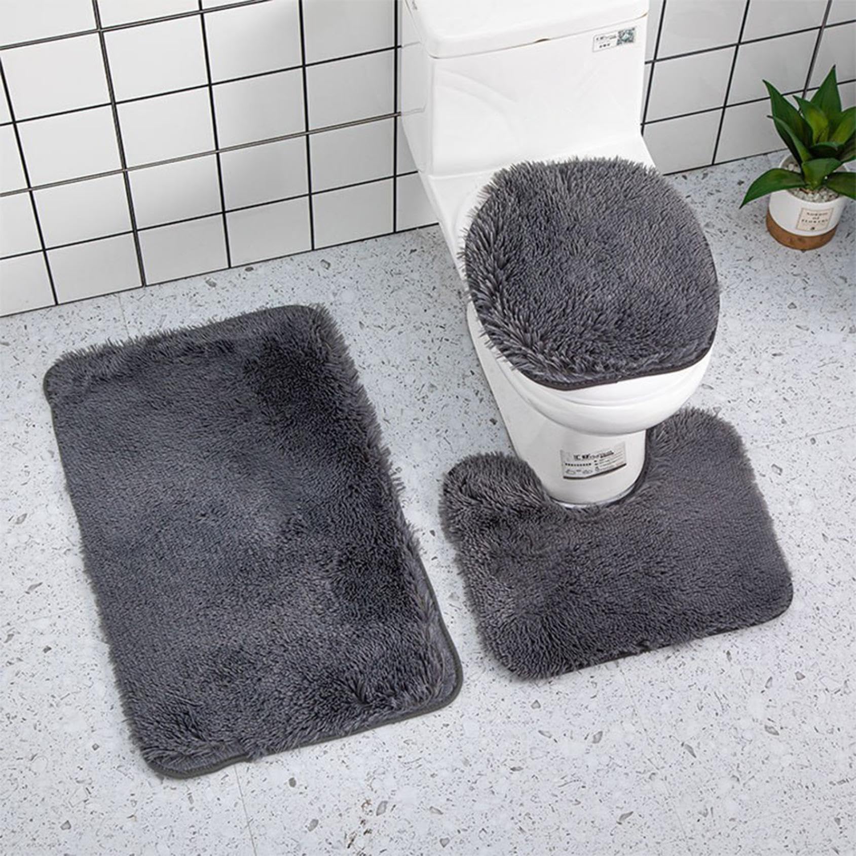 3-Piece Non-Slip Bathroom Rug Set - Super Absorbent Soft Cotton Bath Mats for Toilet & Shower - Solid Gray Bathroom Floor Mat for Home - Perfect for Bathroom Safety & Comfort