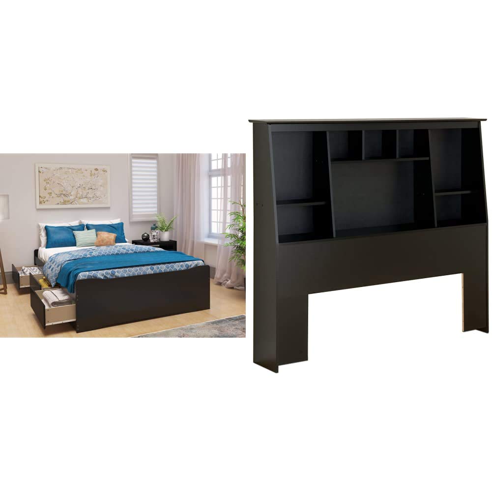 Prepac Coal Harbor Full Size Platform Storage Bed with 6 Drawers & Tall Slant-Back Bookcase Headboard - Black - Perfect for Small Bedrooms & Guest Rooms