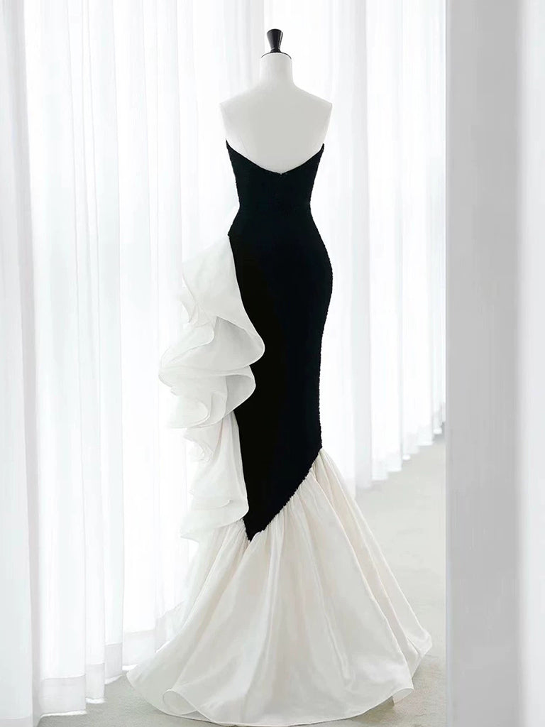 Elegant Black & White Mermaid Velvet Prom Dress for Women - Long Formal Evening Gown for Homecoming, Ball, and Special Occasions
