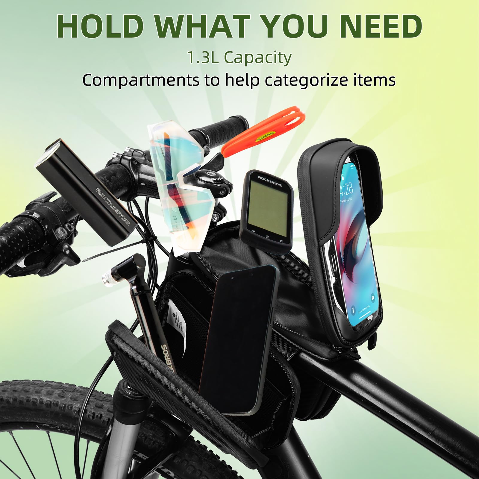 ROCKBROS Waterproof Bike Frame Bag - 1.3L Top Tube Bicycle Phone Holder with Sun Visor & TPU Touch Screen Panel - Fits Phones Below 7.4