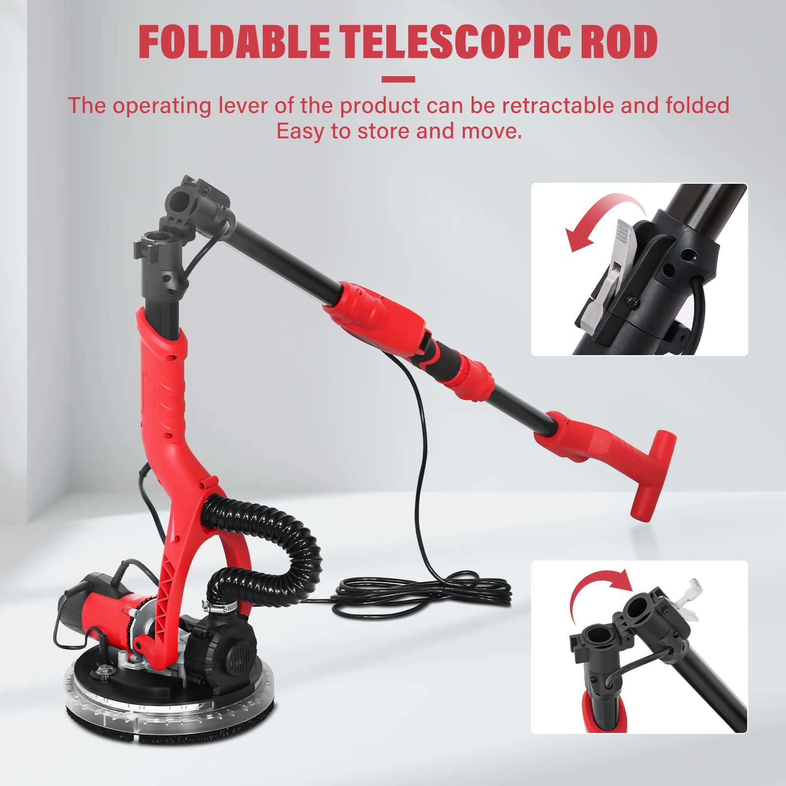 750W Electric Drywall Sander with Vacuum Dust Collection - 6 Speed Adjustable (1000-1850 RPM) for Popcorn Ceiling Removal - Includes 14Pcs Sandpaper, LED Light & Foldable Handle - Perfect for Home Renovation, Drywall Repair and DIY Projects