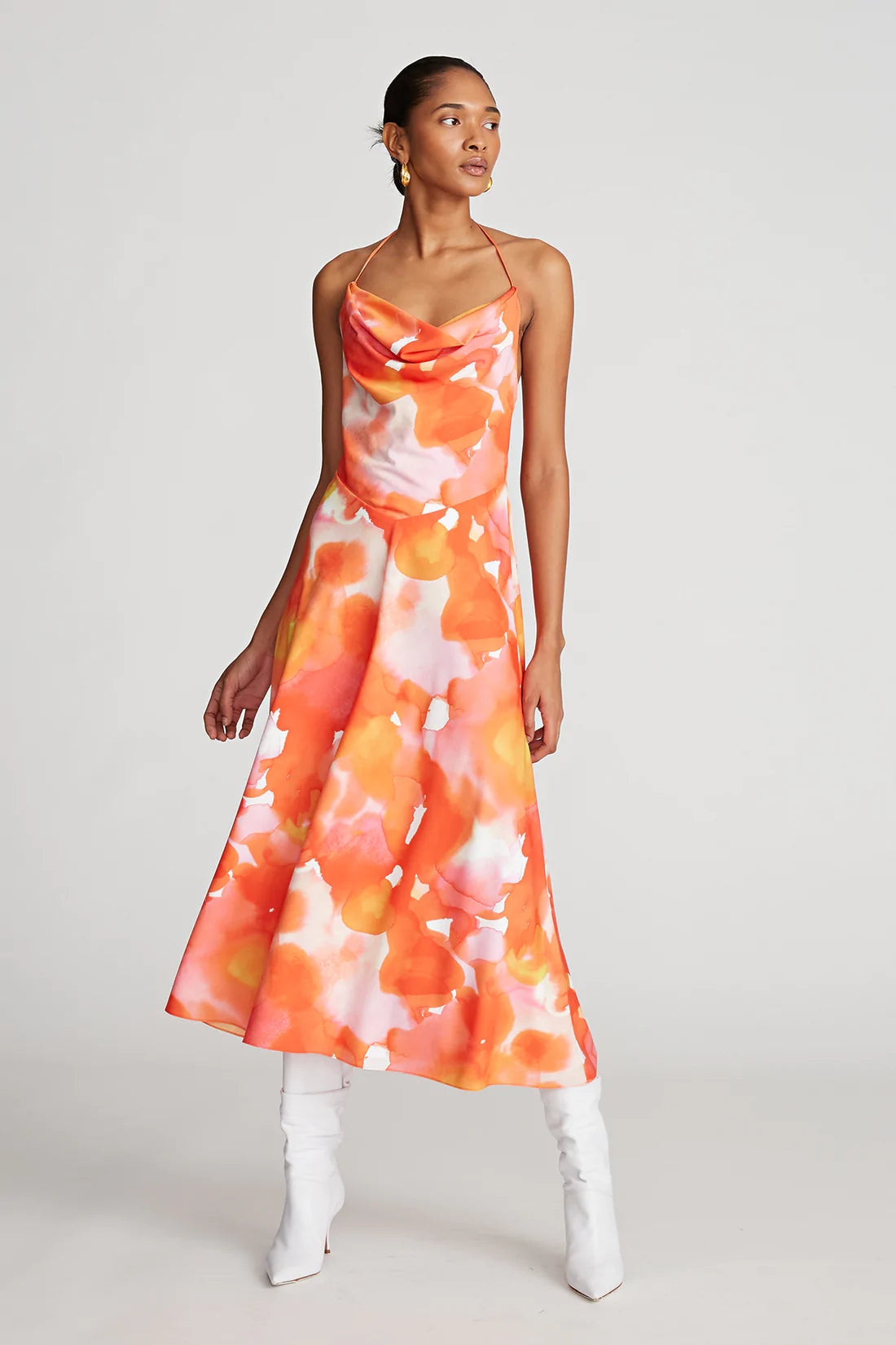 Avni Crepe De Chine Dress - Sunset Watercolor Floral Print, Elegant Flowy Midi Dress for Women, Perfect for Summer Weddings, Garden Parties & Date Nights