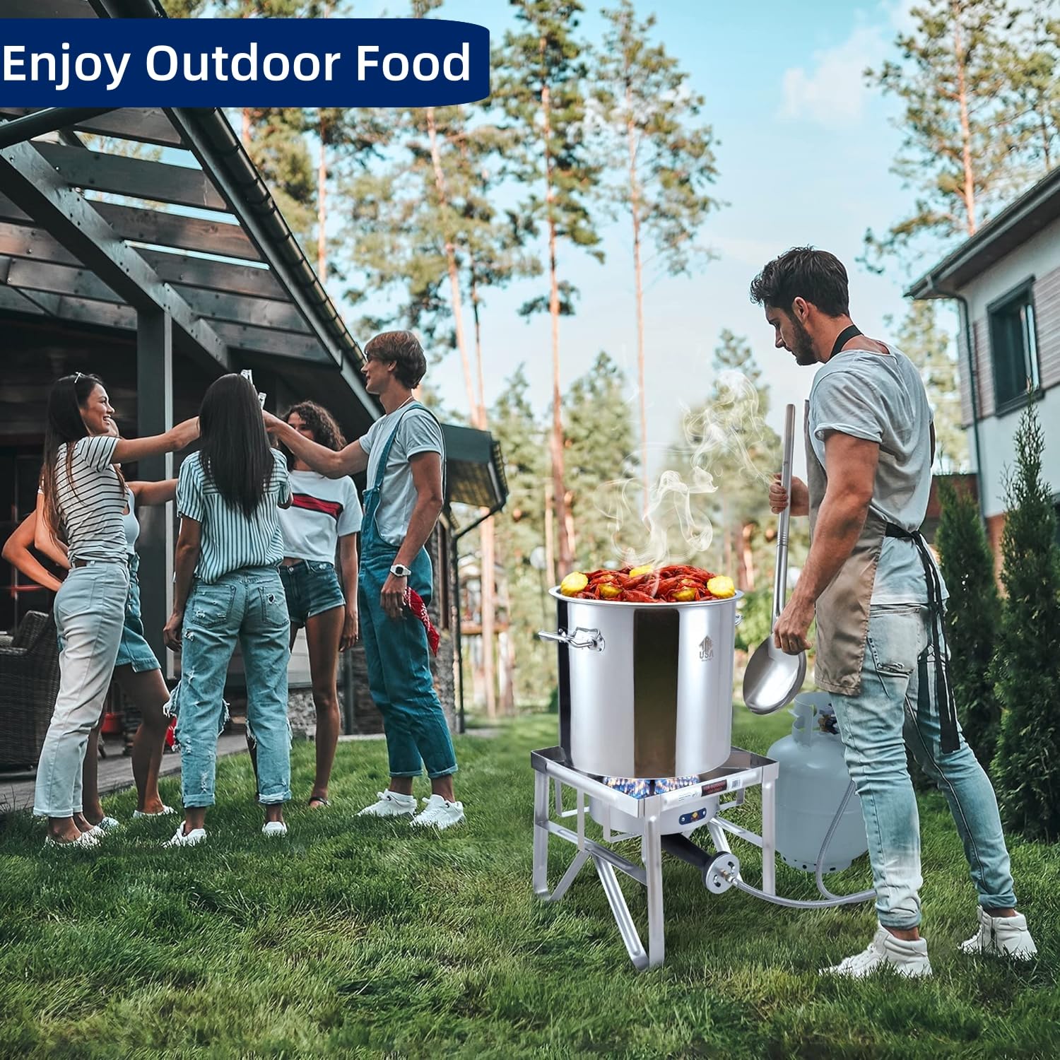 **ARC 52QT Stainless Steel Turkey Fryer Pot with Propane Burner Kit – Outdoor Cooking, Seafood Boil, Crawfish Boil, Home Brewing & Tamale Steamer – Includes Basket & Steamer Rack – Perfect for Backyard BBQs, Camping & Large Gatherings**