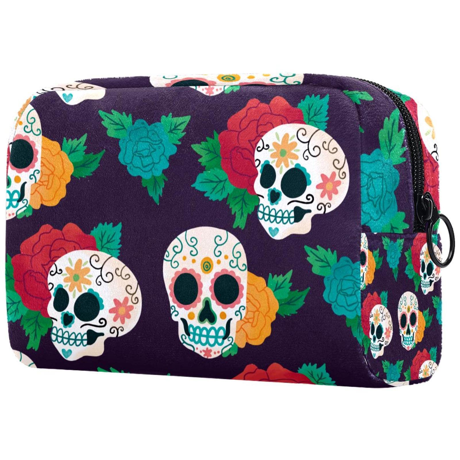 Sugar Skull & Floral Makeup Bag for Women - Large Capacity Zippered Cosmetic Pouch - Perfect for Travel, Business Trips & Everyday Use - Cotton Cosmetic Organizer with Unique Day of the Dead Design