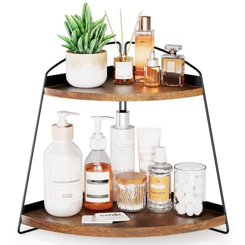 Puricon 2-Tier Wooden Bathroom Counter Organizer - Triangle Corner Storage Shelf for Bathroom Sink, Skincare & Vanity | Space-Saving Organizer for Small Bathrooms, Kitchen Countertops & Makeup Areas (Brown)