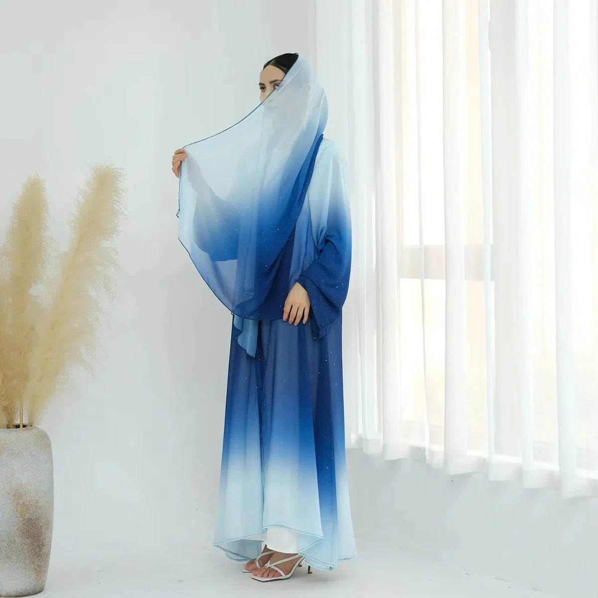Gradient Glitter Chiffon Open Abaya Dress with Matching Hijab - Elegant Islamic Modest Dress for Women, Perfect for Eid, Wedding & Special Occasions