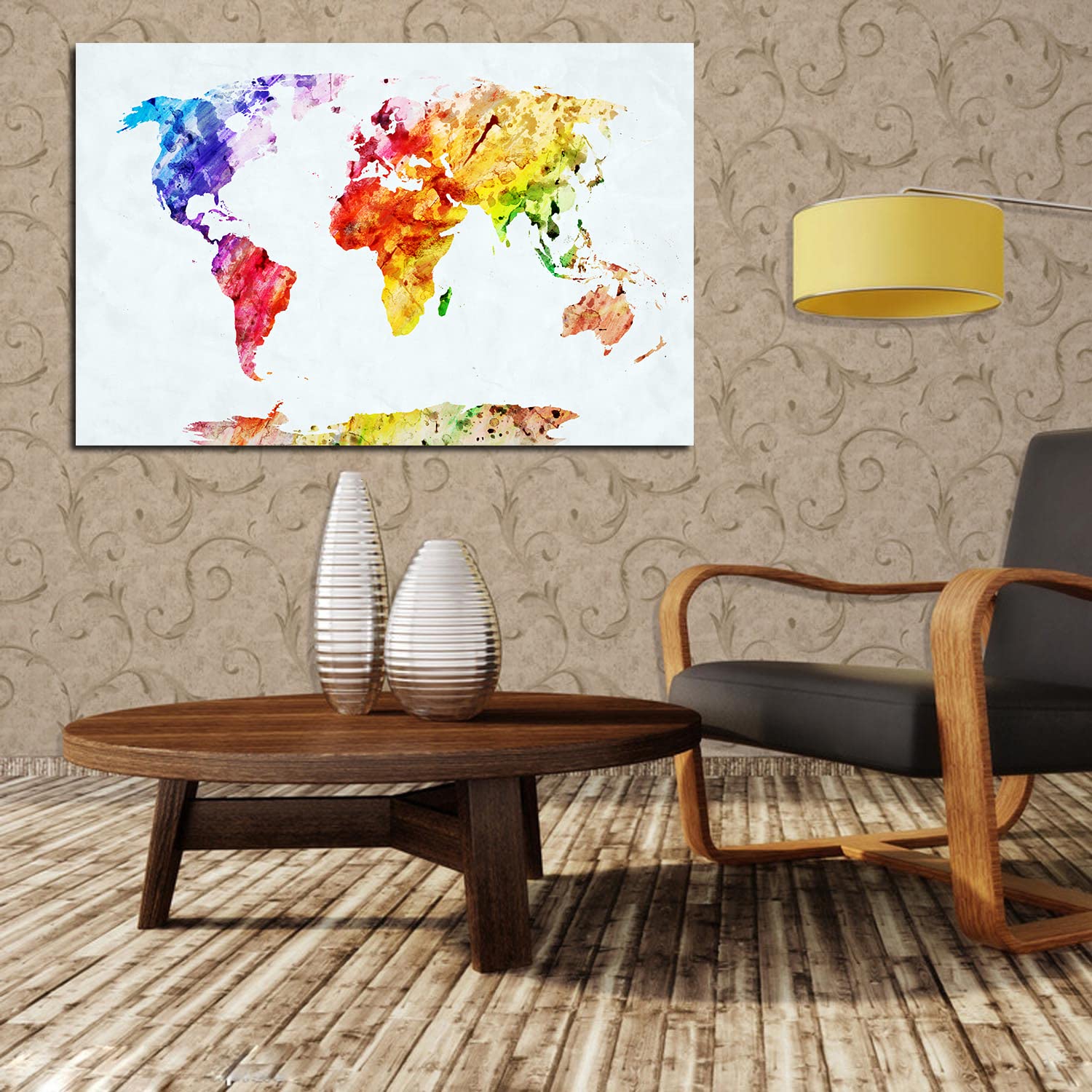 Abstract World Map Canvas Wall Art - Framed Modern Map Painting for Home, Office & Bedroom Decor - Ready to Hang - Perfect for Living Room, Study or Gift