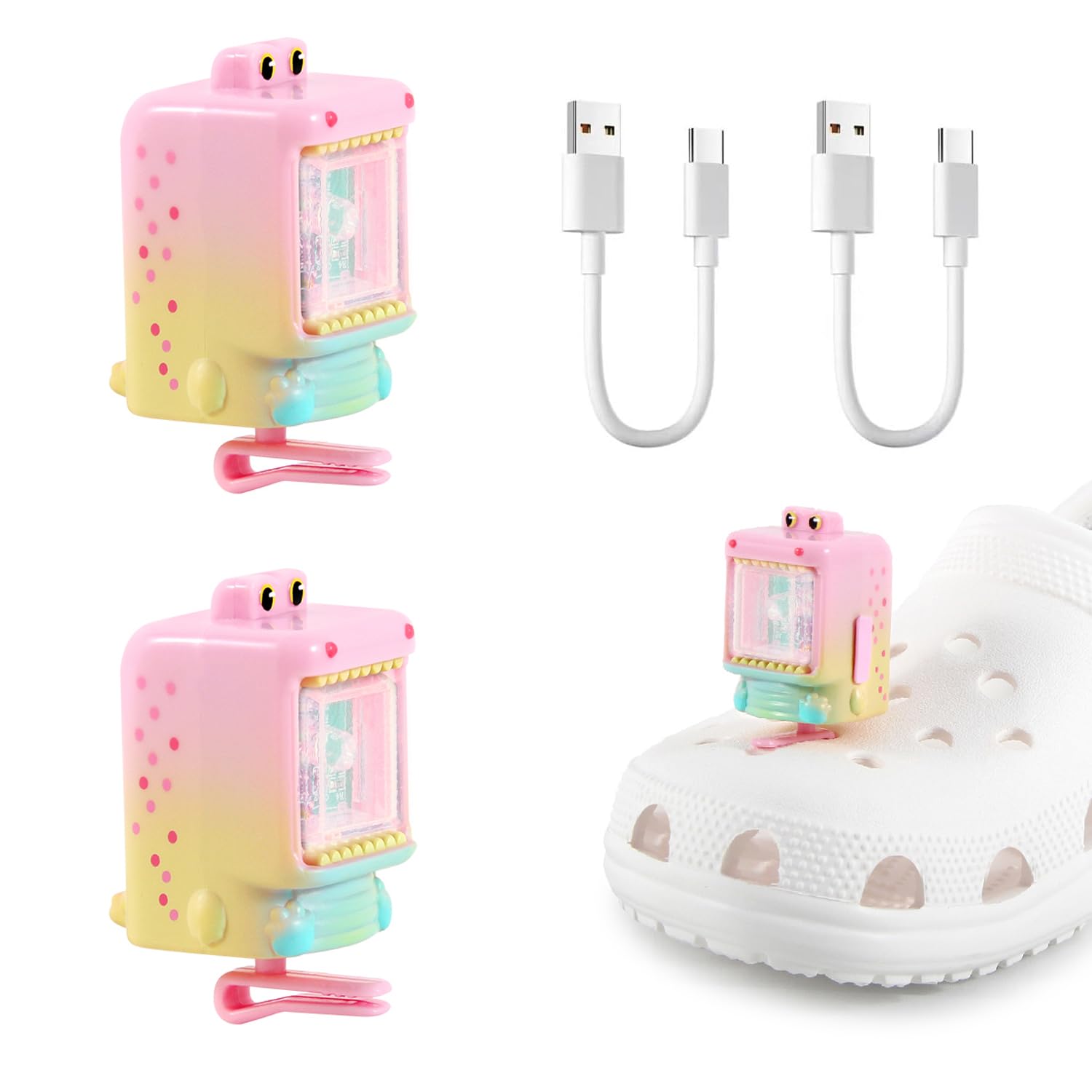 USB Rechargeable Dinosaur LED Lights for Crocs - 2Pcs Clip-On Headlamps for Night Walking, Camping, Dog Walking & Outdoor Activities (Pink) - Perfect for Kids & Adults Safety in Dark Environments