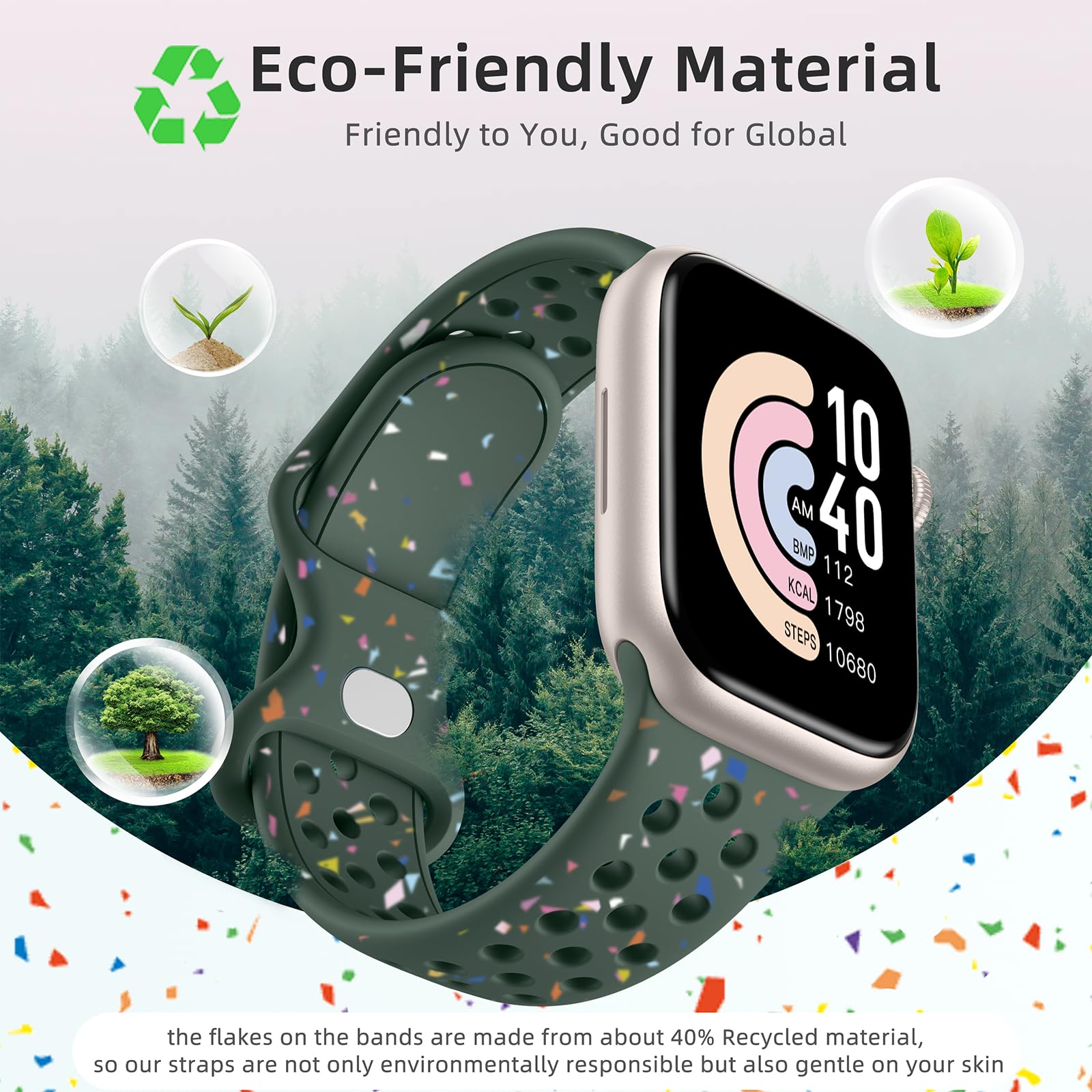 Eco-Friendly Apple Watch Bands for Women & Men - Compatible with iWatch Ultra 2/Series 9/8/7/6/5/4/3/SE (38mm/40mm/41mm/42mm/44mm/45mm/49mm) - Breathable Sport Strap for Workouts, Running & Daily Wear