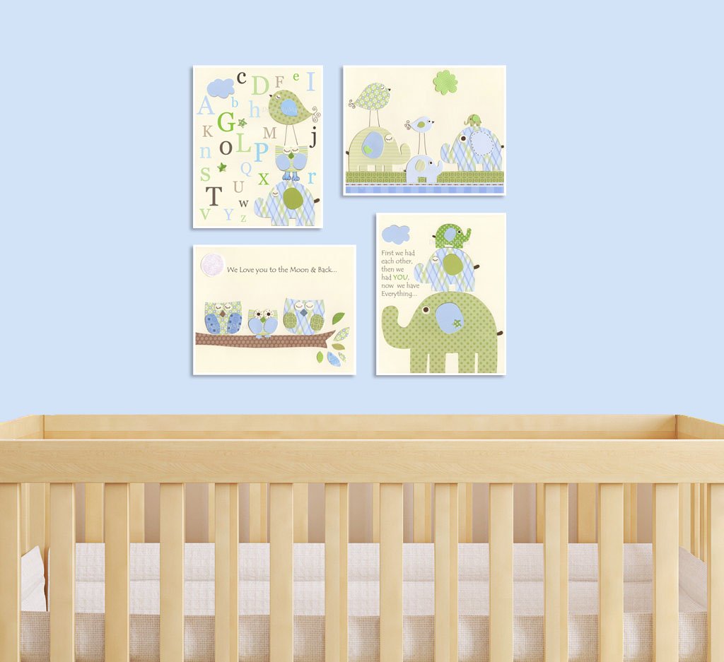 Eli Elephant Nursery Art Prints - Set of 4 Baby Boy Wall Decor in Light Blue & Green | Perfect for Kids Room, Baby Shower Gift & Nursery Decorations