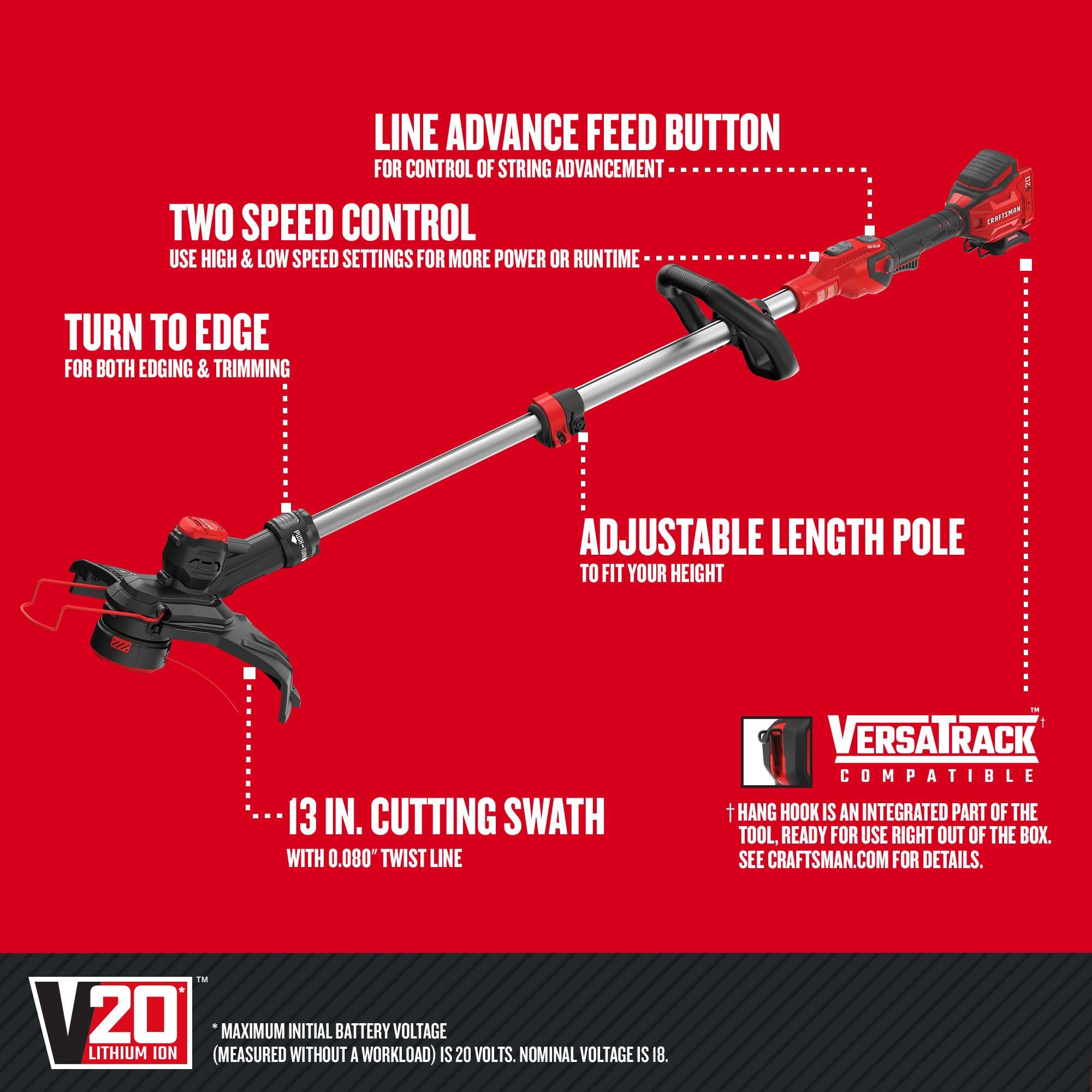 CRAFTSMAN 20V Cordless String Trimmer & Lawn Edger - Tool Only (CMCST910B) | Battery-Powered Weed Wacker for Yard Maintenance & Grass Trimming | Perfect for Home Lawn Care, Garden Edging & Landscape Maintenance