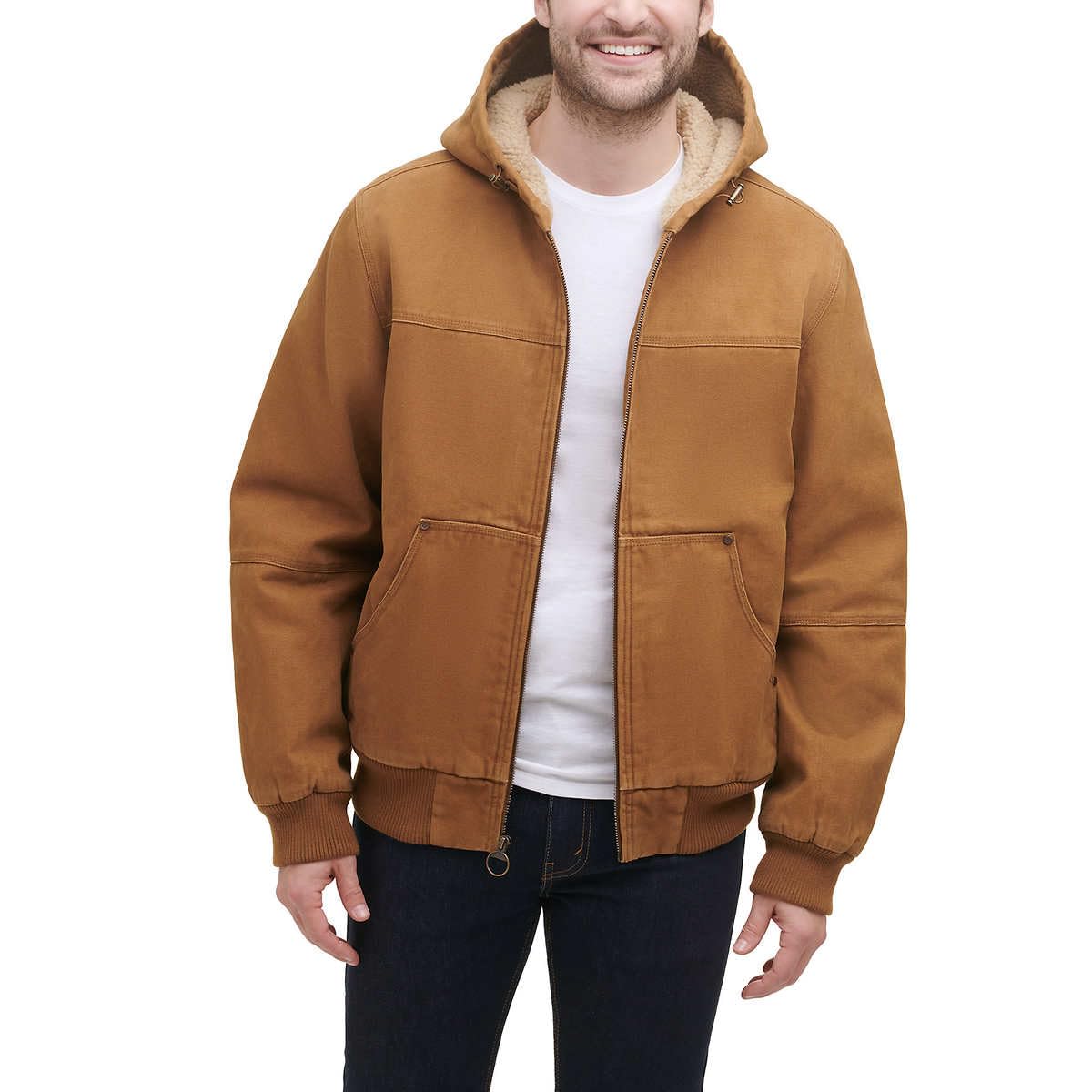 GH Bass Men's Cotton Canvas Bomber Jacket with Buffalo Plaid Flannel Sherpa Hood - Warm Winter Coat for Casual Outfits, Outdoor Adventures & Streetwear Fashion