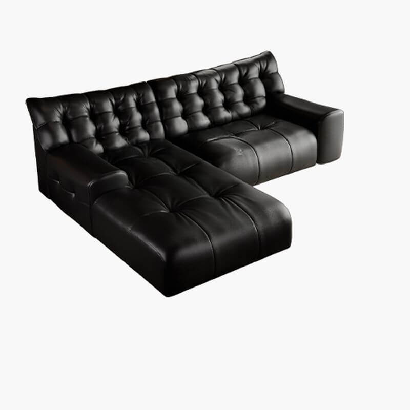 Black L-Shape Sofa Chaise with Tufted Back & Button Details - Modern Living Room Furniture for Small Spaces & Apartments