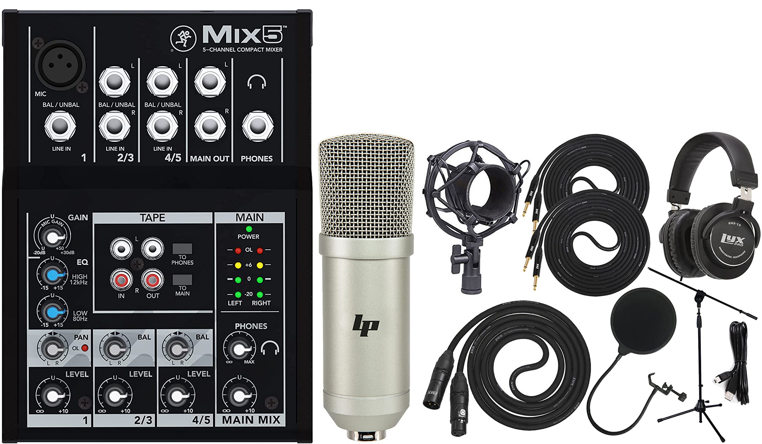 Mackie Mix5 5-Channel Compact Audio Mixer with LyxPro Cardioid Condenser Studio Mic - Includes Shock Mount, XLR Cable, Headphones & 1/4