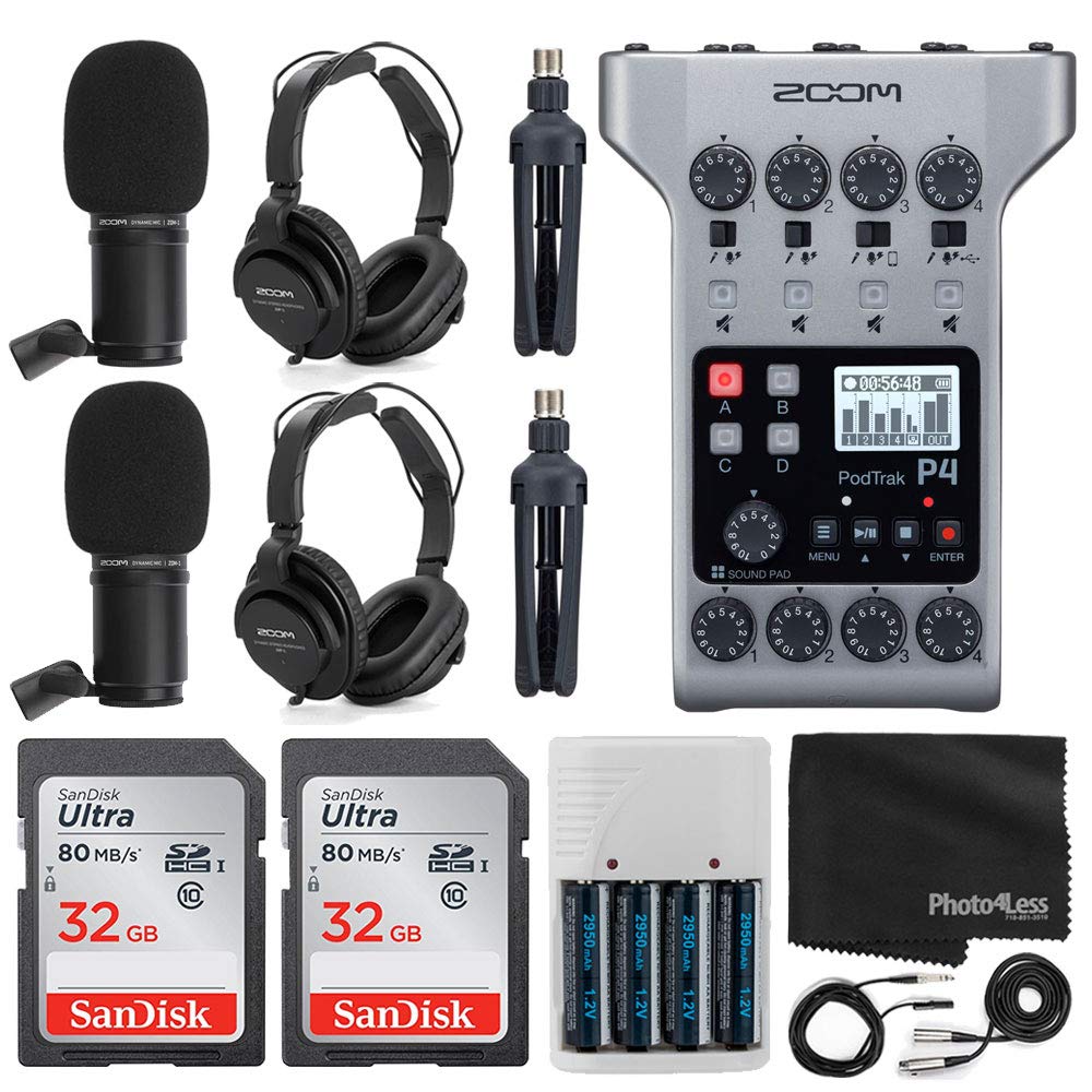 Zoom PodTrak P4 Portable 4-Channel Podcast Recorder Kit with 2x M-1 Mics, Headphones, Windscreen, XLR Cable, Stand, 64GB Memory & Accessories - Perfect for Home Studio, Field Recording & Podcasting