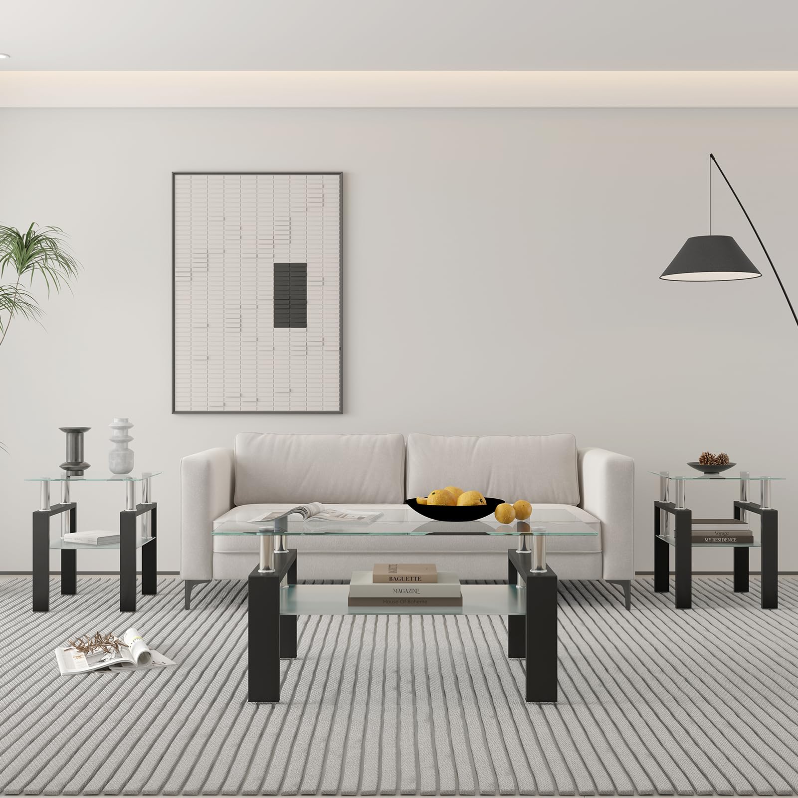 3-Piece Glass Coffee Table Set - Modern Black Living Room Table with Metal Frame (Black) - Perfect for Small Spaces, Apartments & Cozy Home Decor