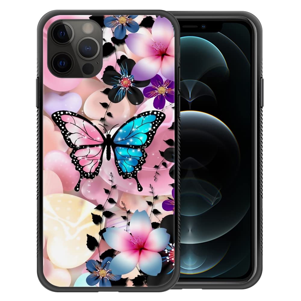 iPhone 12 Pro Max Case 6.7 Inch - Pink Blue Butterfly Pattern Design, Hard PC Back with Soft TPU Bumper, Non-Slip Protective Phone Cover for Women | Perfect for Everyday Use, Work & Travel