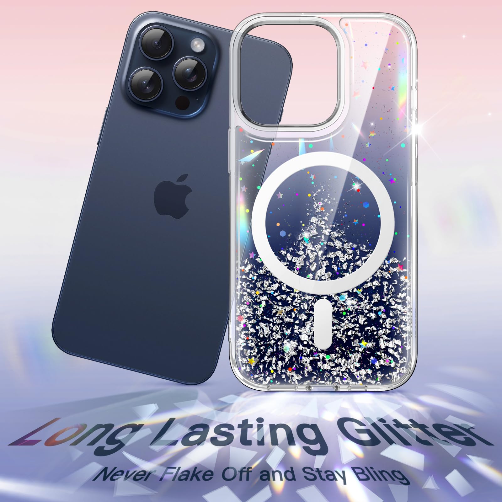 JETech Glitter Magnetic Case for iPhone 15 Pro 6.1 Inch | MagSafe Compatible | Sparkly Clear Shockproof Cover for Women & Girls | Blue Titanium | Perfect for Everyday Use, Parties & Gifts