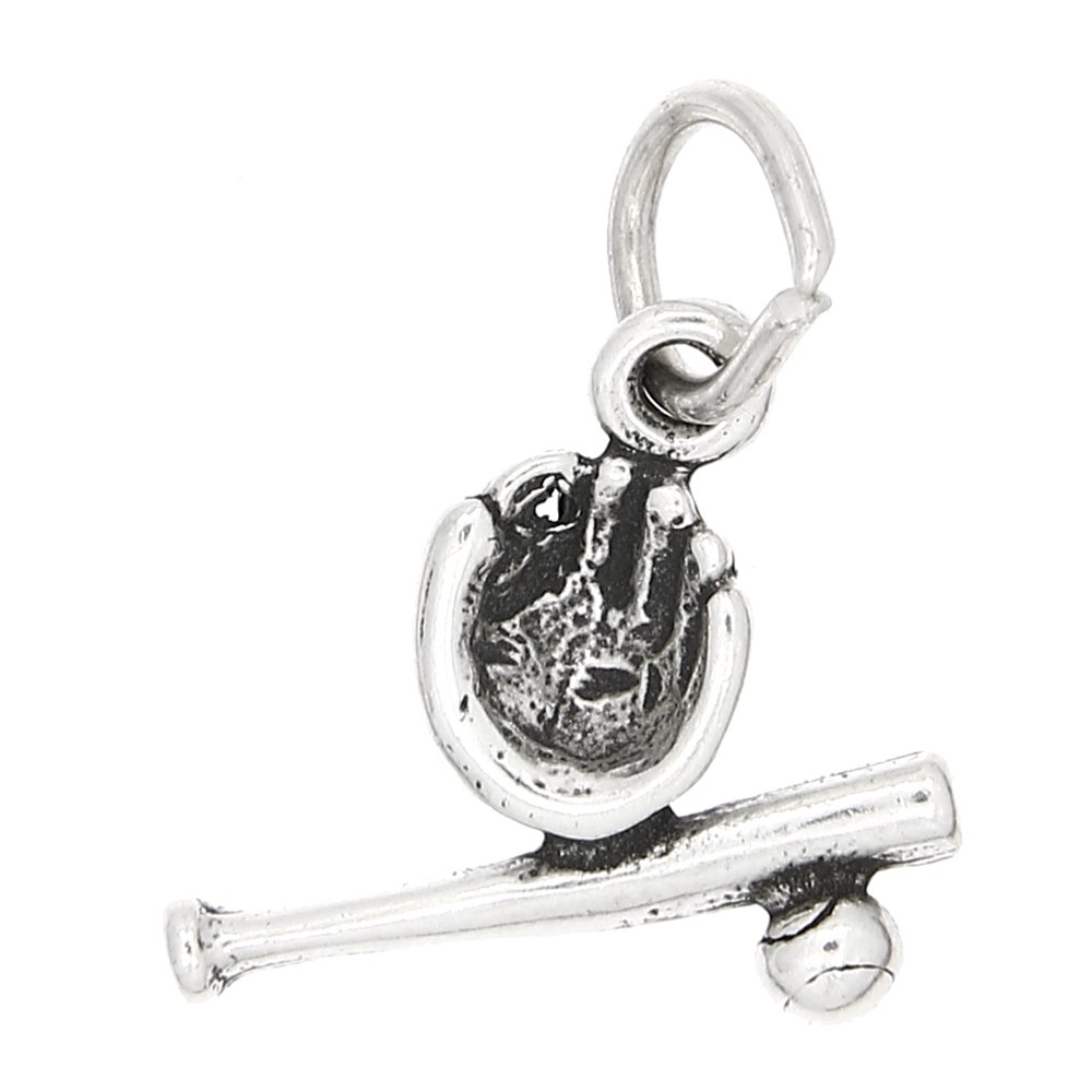 Sterling Silver Oxidized Baseball & Softball Equipment Charm - Glove, Bat & Ball Pendant for Jewelry Making, Gifts & Sports Enthusiasts