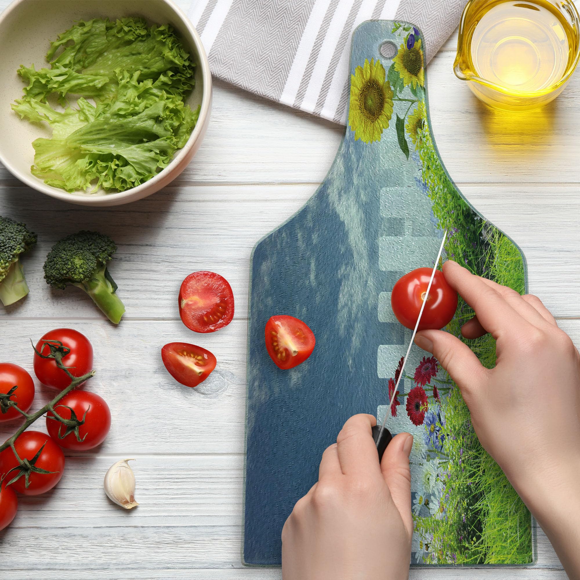 Ambesonne Rustic Cutting Board - Sunflower Daisy Hedge Fence Design on Tempered Glass, Decorative Serving Board for Kitchen, Charcuterie & Wine (Wine Bottle Shape, White Green Blue) - Perfect for Farmhouse Decor, Cheese Platters & Entertaining