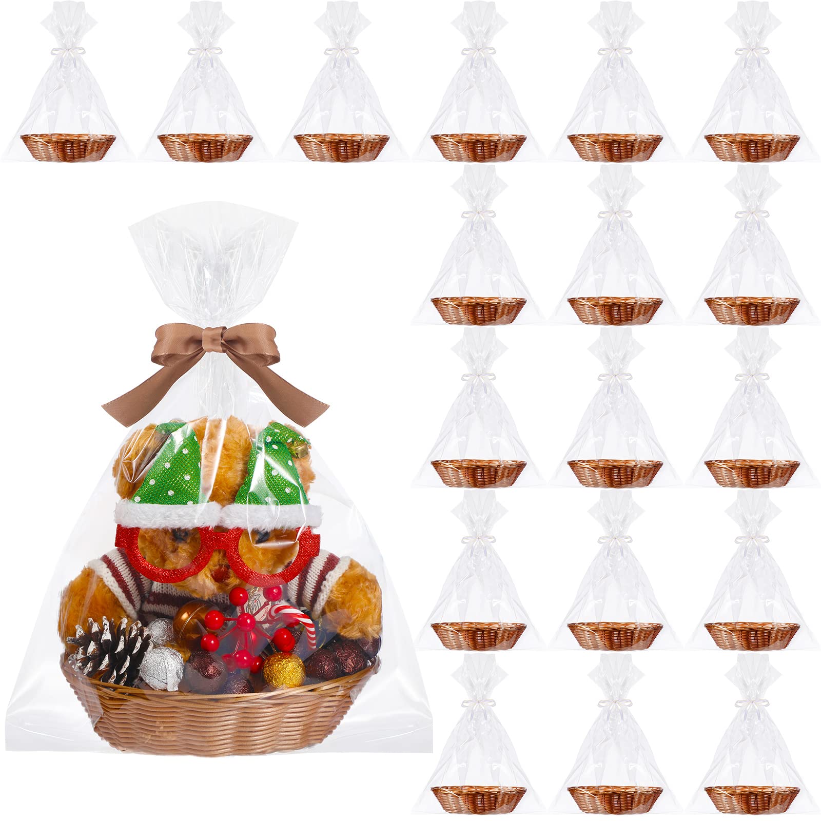 Chengu 18-Piece Plastic Storage Basket Set - Oval Woven Gift Baskets with 20 Clear Bags for Food Serving, Display & Organization | Perfect for Thanksgiving, Party Favors, Home Decor & Kitchen Storage