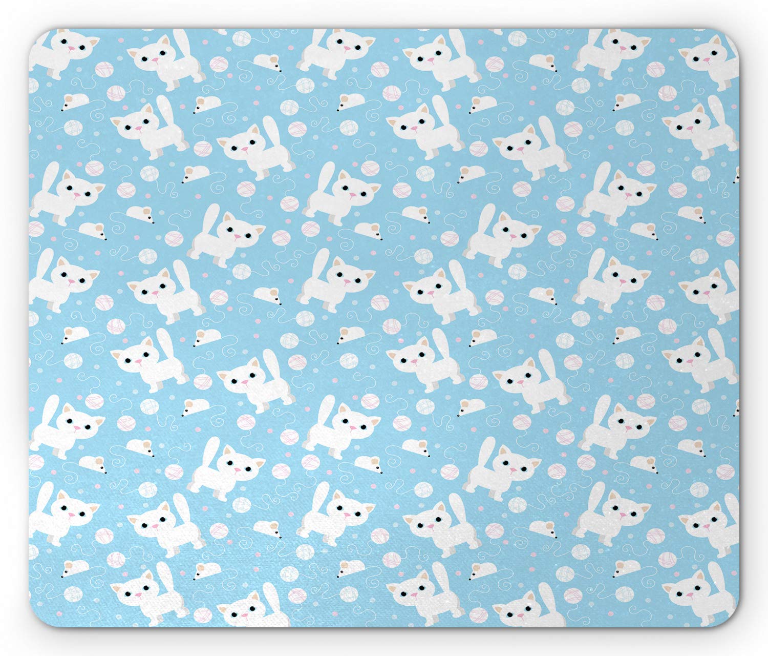 Ambesonne Cartoon Mouse Pad - Funny Cat with Yarn Ball & Mouse Sketch Design, Non-Slip Rubber Base, Standard Size (Cream & Blue) | Perfect for Office, Gaming & Home Computer Use