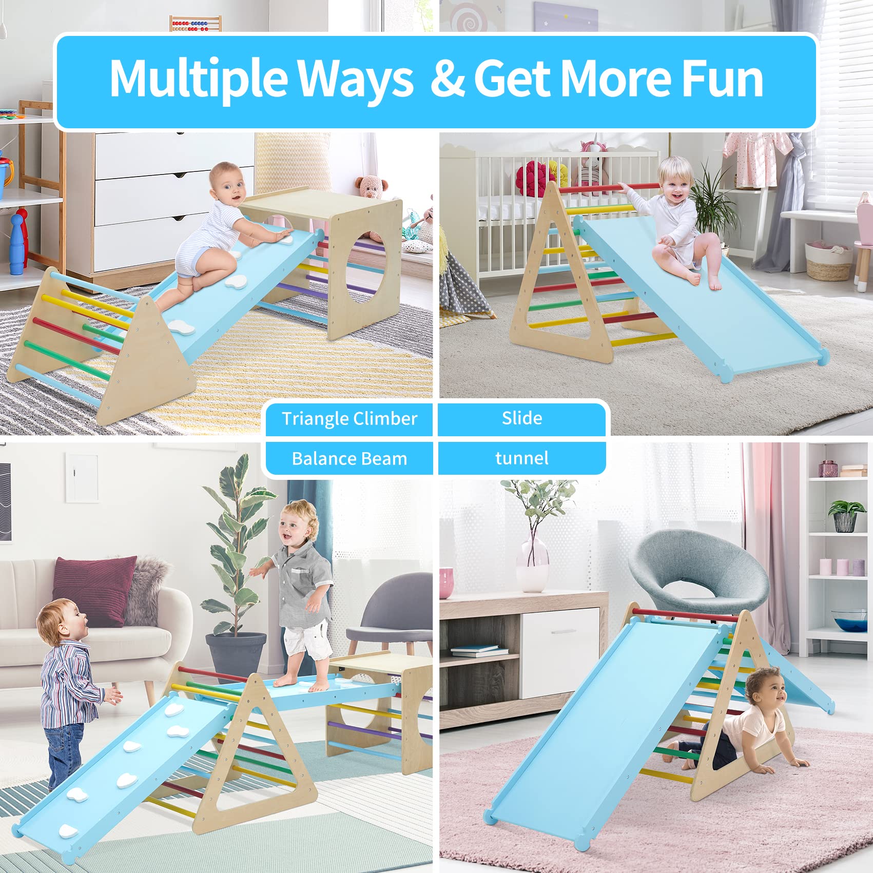 5-in-1 Wooden Triangle Climbing Set for Toddlers - Indoor Play Gym with 1 Square, 2 Triangle Climbers & 2 Ramps - Perfect for Climbing, Sliding & Walking - Ideal for Home Playrooms, Daycare Centers & Montessori Learning Environments
