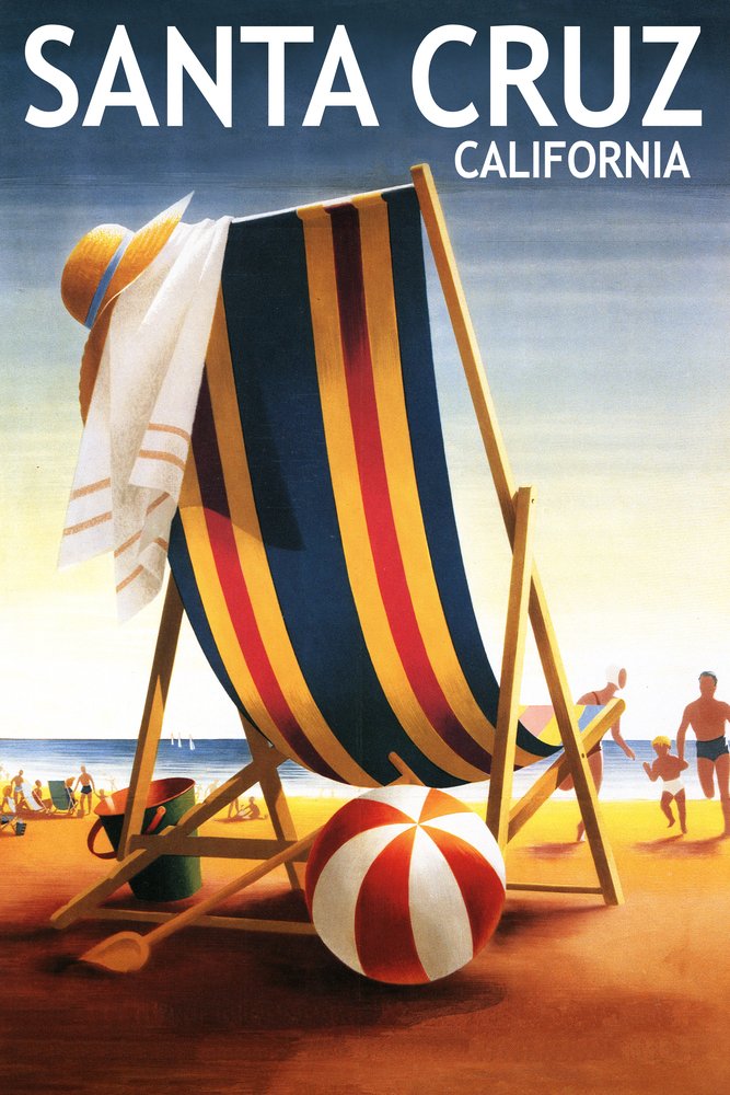 Santa Cruz California Beach Chair and Ball 52609 - 24x36 Signed Art Print, Coastal Wall Decor Poster - Perfect for Beach House, Living Room & Office Decor