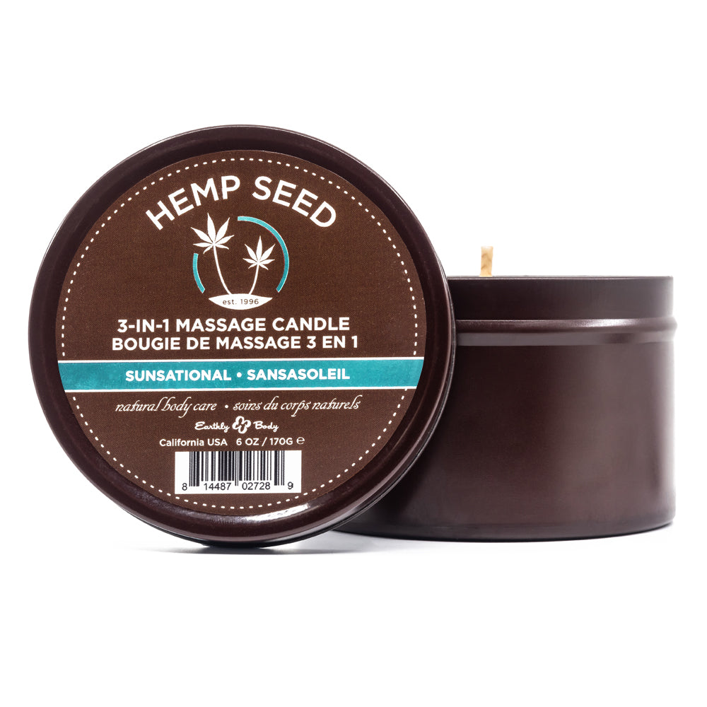 Earthly Body Hemp Seed 3-in-1 Massage Candle with Sunsational Scent - Relaxing Aromatherapy Gift for Couples, Spa & Home Use