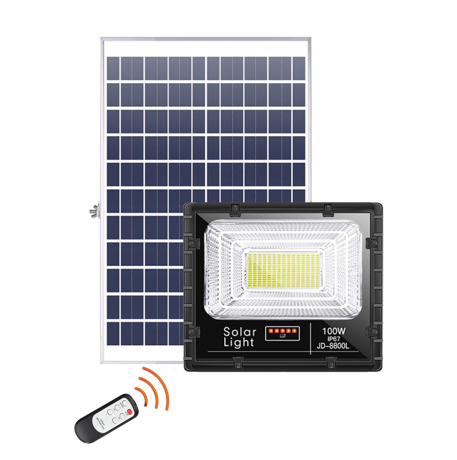 100W Solar Flood Lights Outdoor, 256 LED Solar Powered Street Light with Remote Control, IP67 Waterproof Security Light for Yard, Garden, Pathway, Farm & Ball Court - Dusk to Dawn Lighting for Enhanced Safety & Energy Savings
