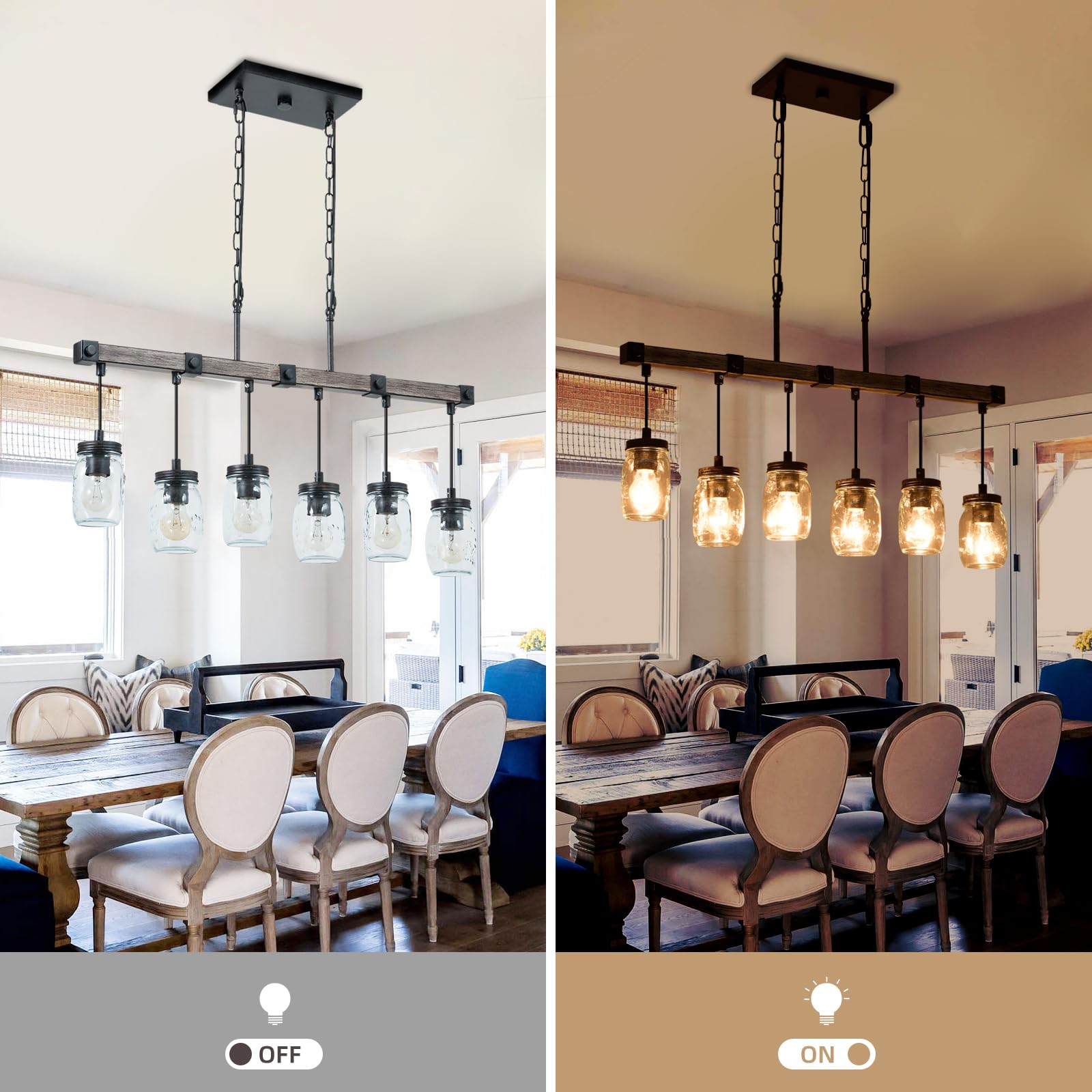 Farmhouse Kitchen Island Lighting - 6-Light Rustic Mason Jar Chandelier with Clear Glass Globes, 30