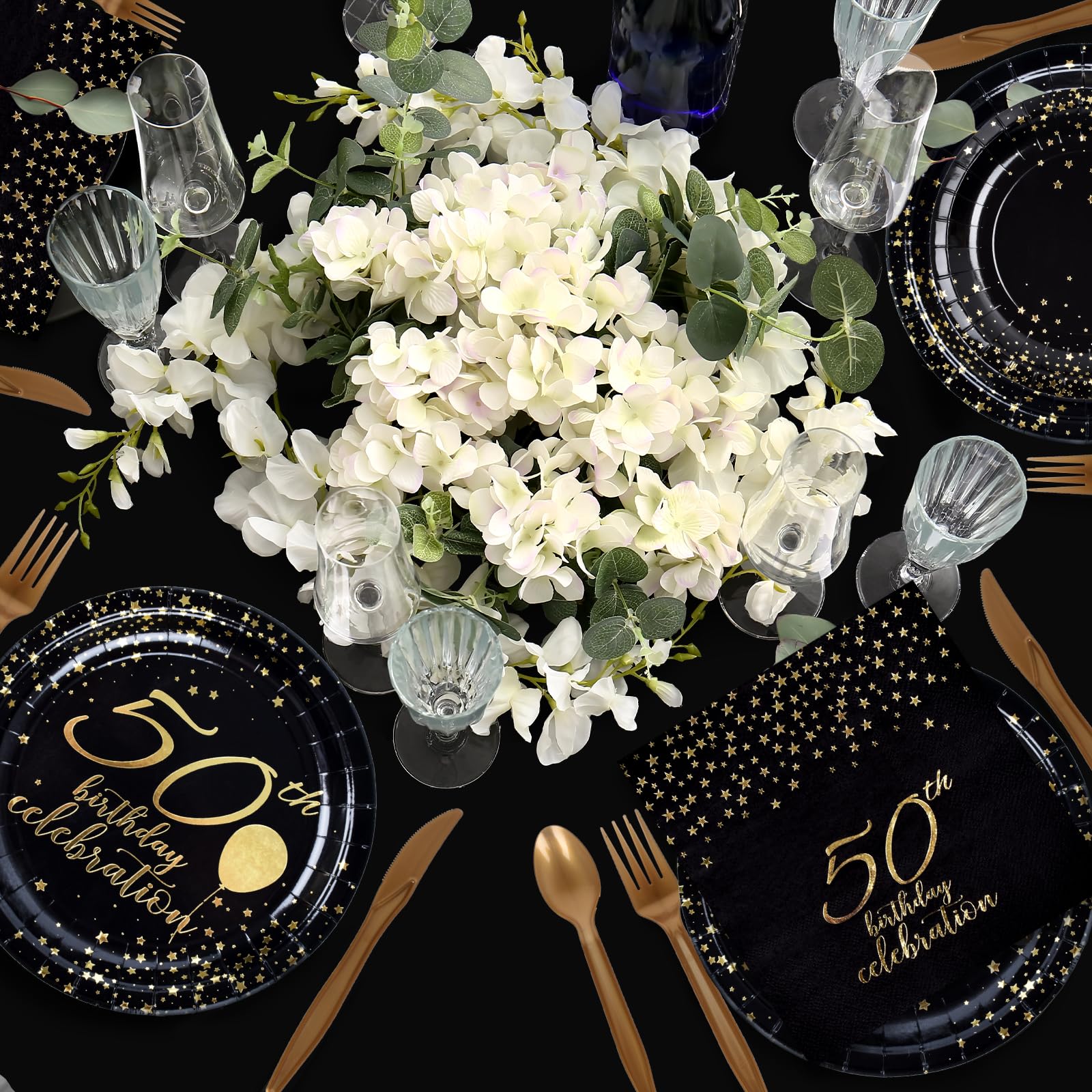 Gatherfun 50th Birthday Party Supplies Set - 50 Disposable Paper Plates, Napkins, Cups, Cutlery & Tablecloth with Black & Gold Balloons & Banner - Elegant 50th Birthday Decor for Men & Women (Serves 25) - Perfect for Milestone Celebrations, Retirement Parties & Anniversary Events