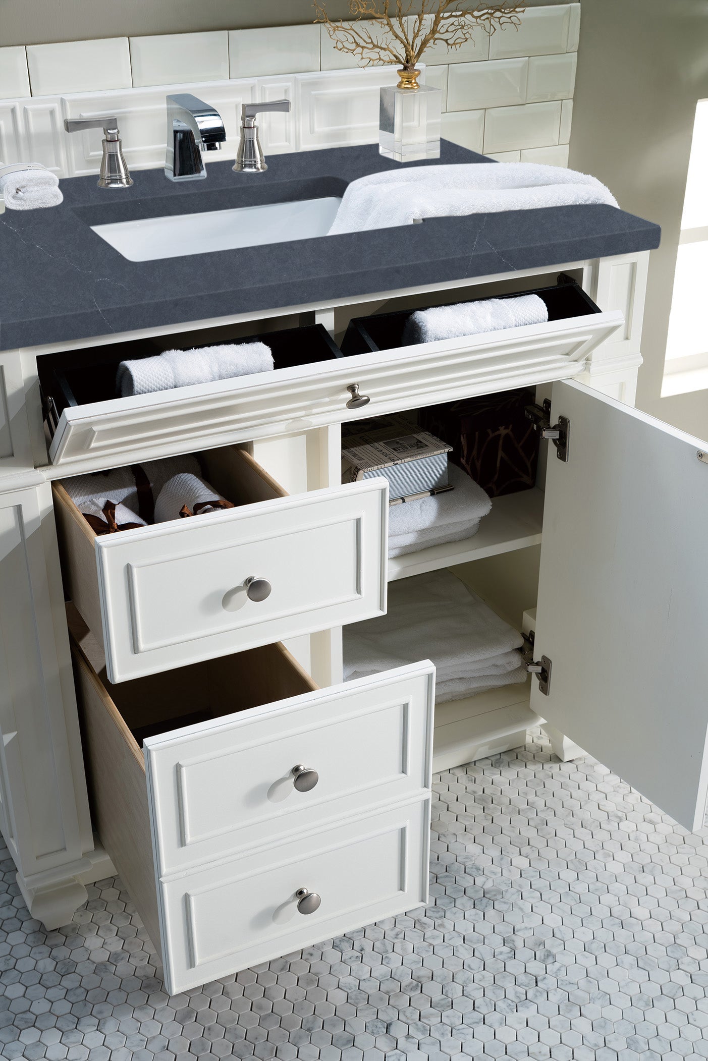 Bristol 36 Inch Single Bathroom Vanity Set with Bright White Finish & 3CM Charcoal Soapstone Quartz Countertop - Perfect for Modern Home, Apartment, or Guest Bathroom Remodel