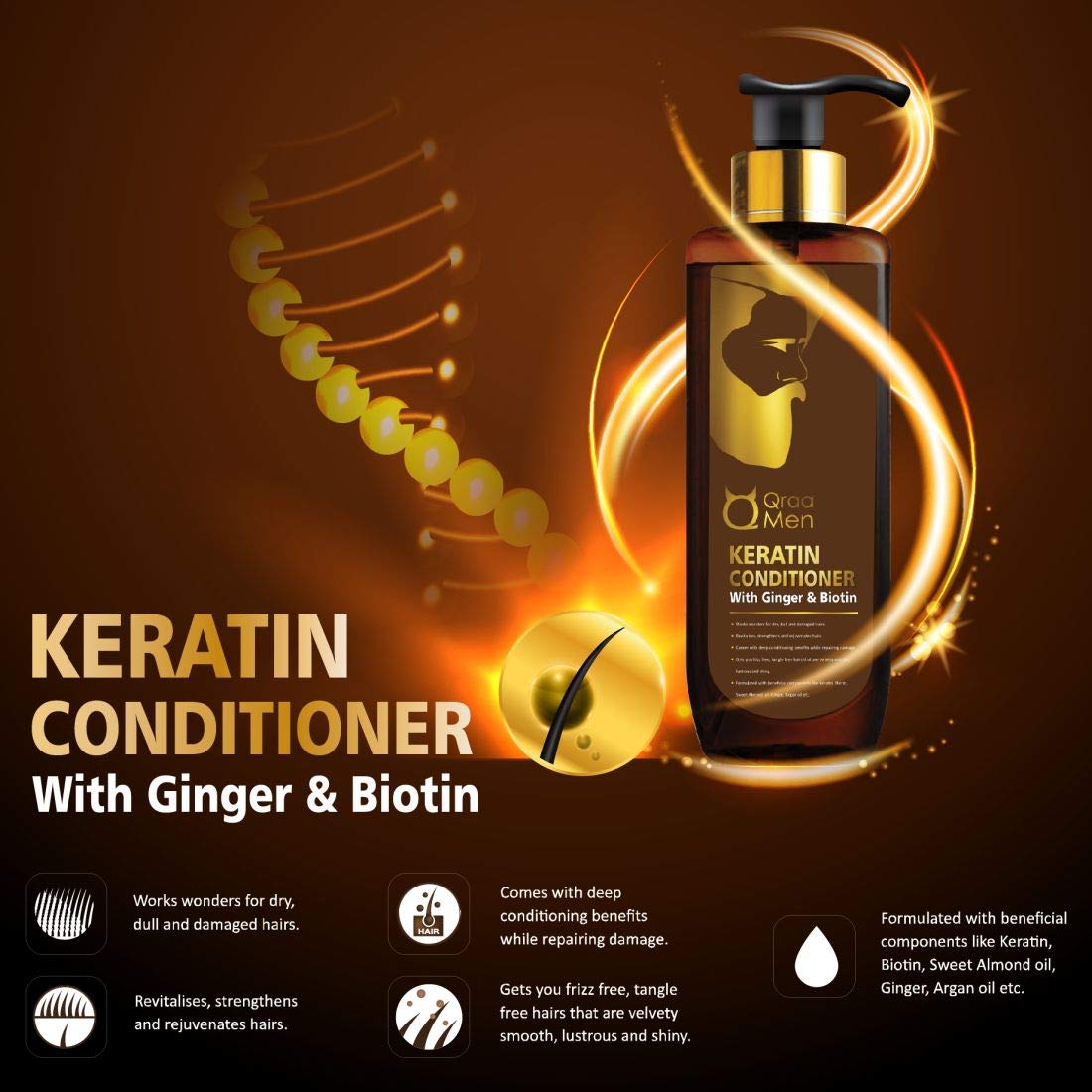 Qraa Men's Keratin Shampoo & Conditioner Set with Ginger & Biotin - Hair Growth Treatment for Thick, Nourished, Dry & Damaged Hair - Daily Use for Stronger, Healthier Locks at Home or Salon