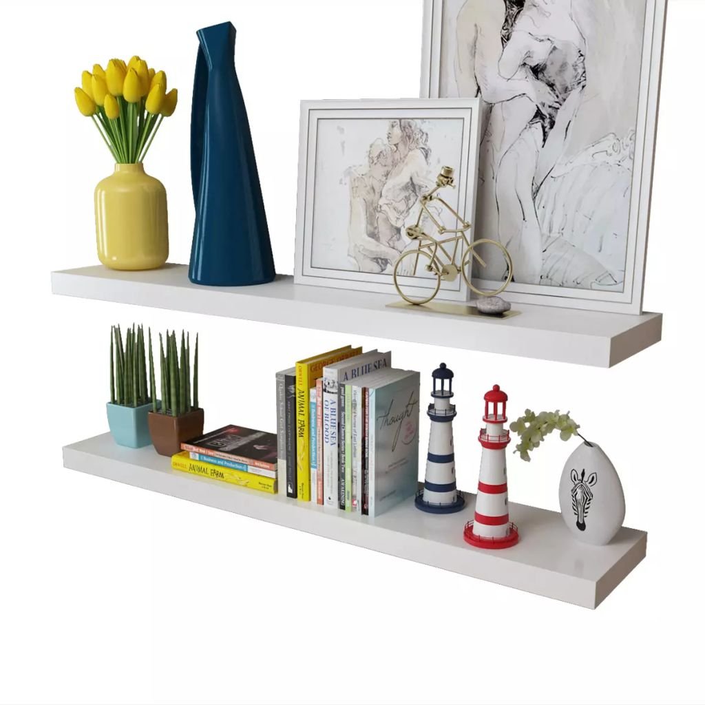 Festnight Set of 2 Floating Wall Shelves - Modern MDF Wall Mounted Display Shelf for Books, DVDs, Collectibles - White Home Office & Living Room Decor (39