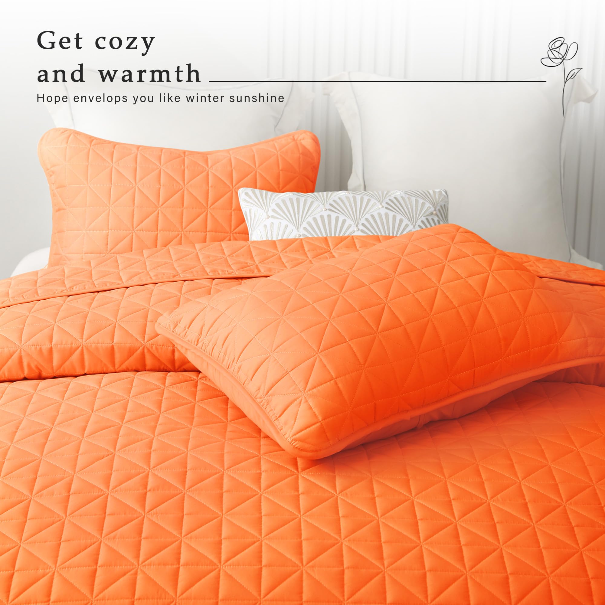 Premium King Size Quilted Bedding Set - Lightweight Orange Stitched Grid Pattern Bedspread & 2 Pillow Shams, All-Season Comfort for Master Bedroom, Guest Room & Dorm Decor