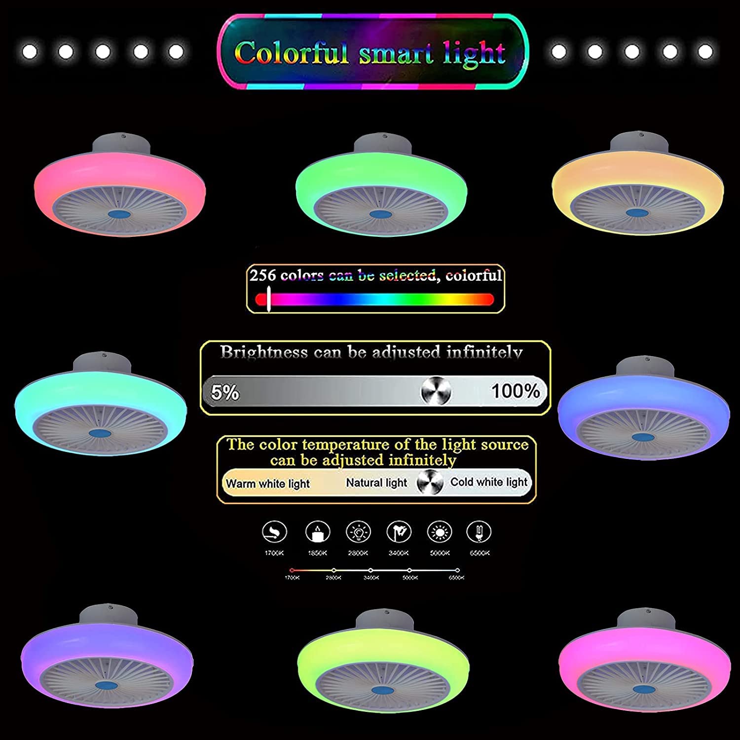 Smart RGB Dimmable LED Ceiling Fan with Bluetooth Speaker & Remote Control - 17.7